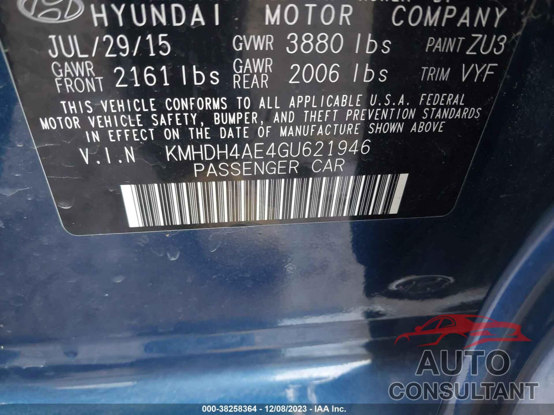 HYUNDAI ELANTRA 2016 - KMHDH4AE4GU621946