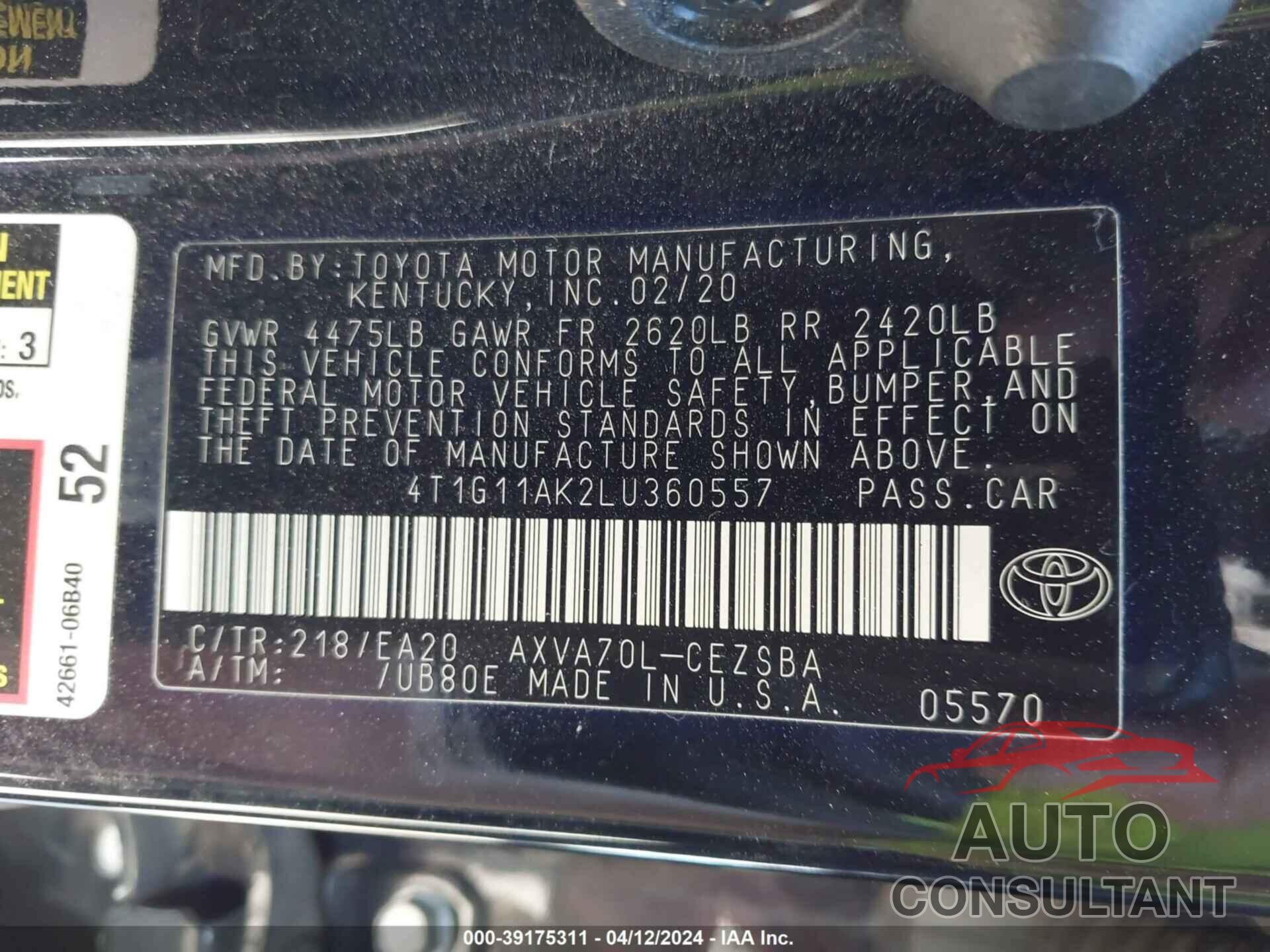 TOYOTA CAMRY 2020 - 4T1G11AK2LU360557