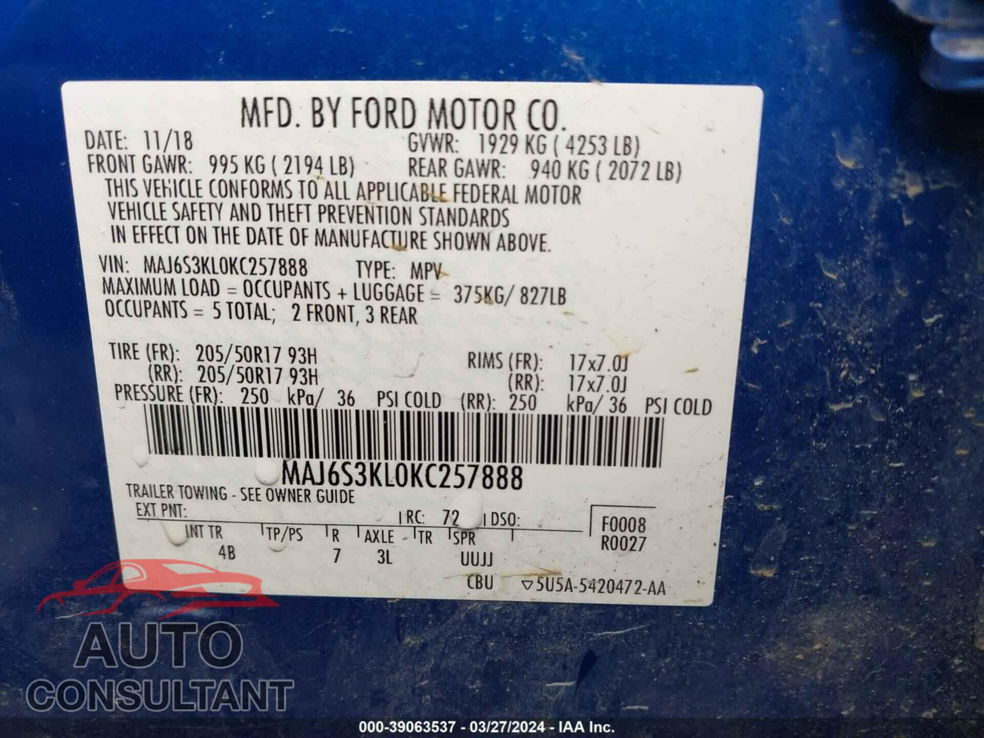 FORD ECOSPORT 2019 - MAJ6S3KL0KC257888