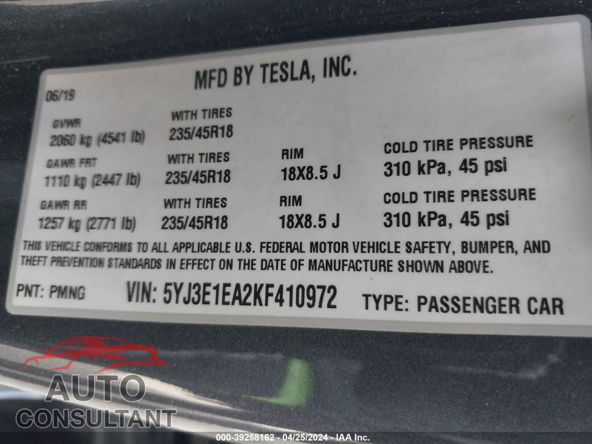 TESLA MODEL 3 2019 - 5YJ3E1EA2KF410972