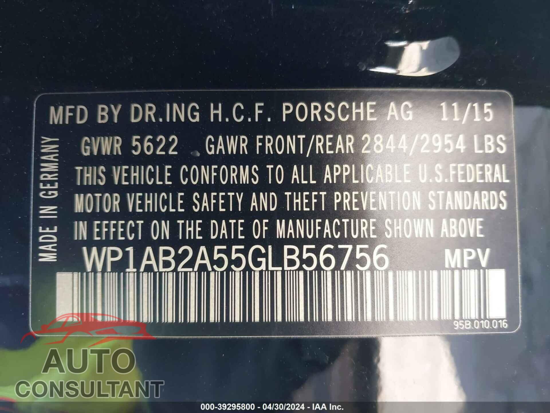 PORSCHE MACAN 2016 - WP1AB2A55GLB56756