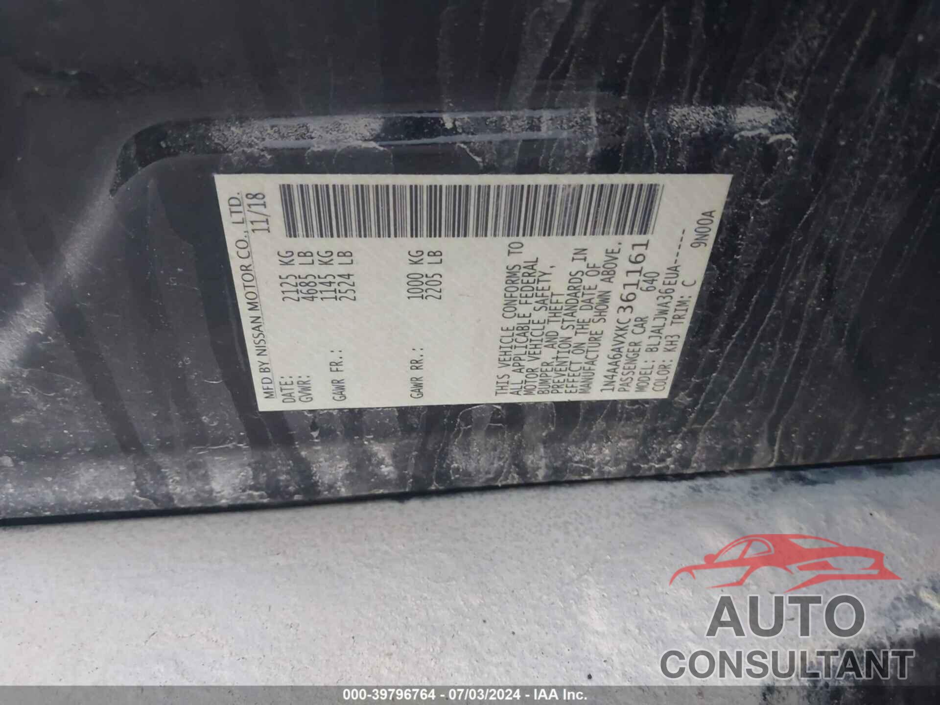 NISSAN MAXIMA 2019 - 1N4AA6AVXKC361161