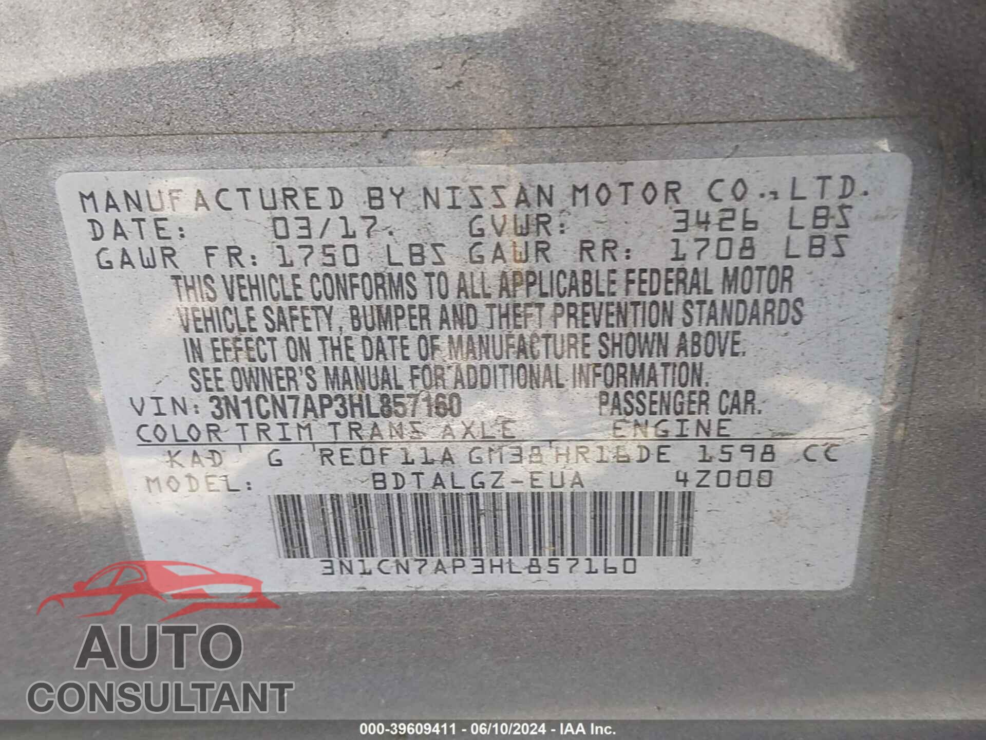 NISSAN VERSA 2017 - 3N1CN7AP3HL857160