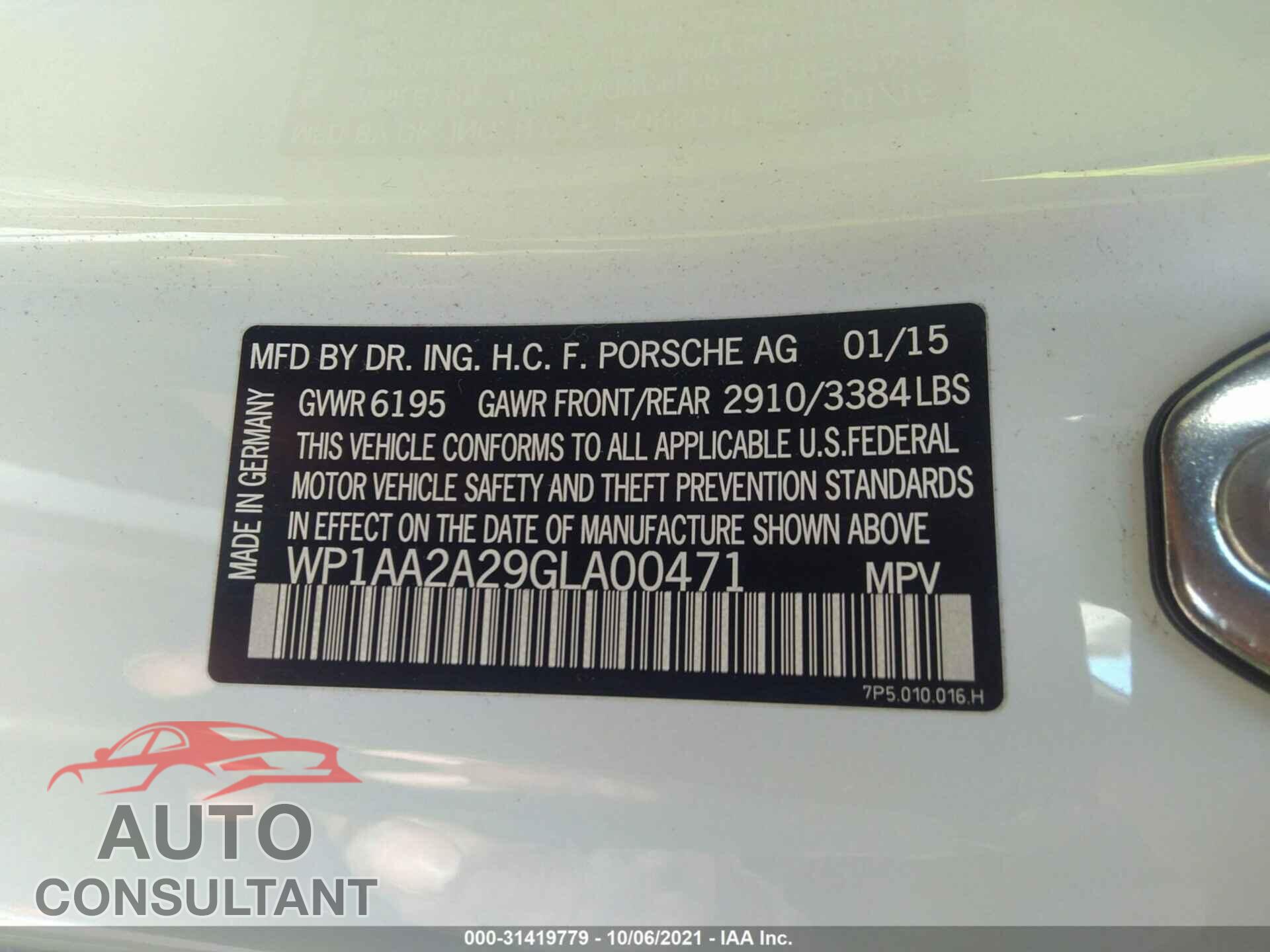 PORSCHE CAYENNE 2016 - WP1AA2A29GLA00471