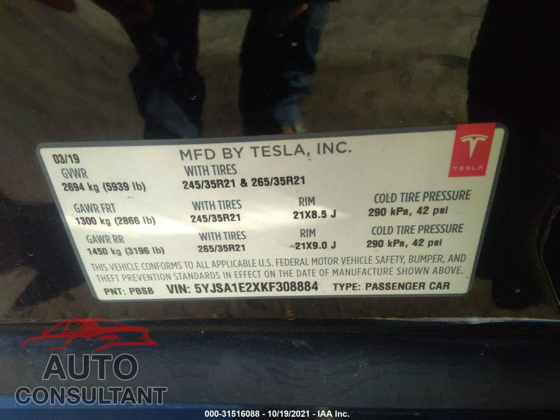 TESLA MODEL S 2019 - 5YJSA1E2XKF308884