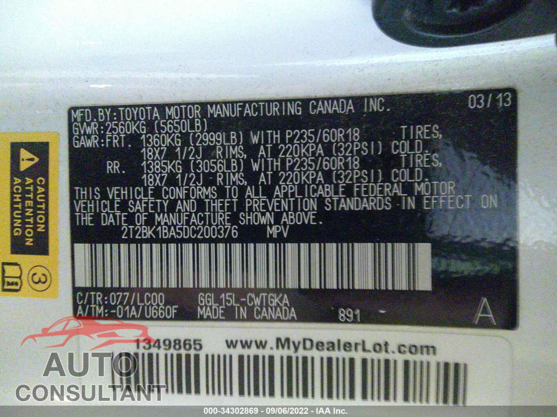 LEXUS RX 350 2013 - 2T2BK1BA5DC200376