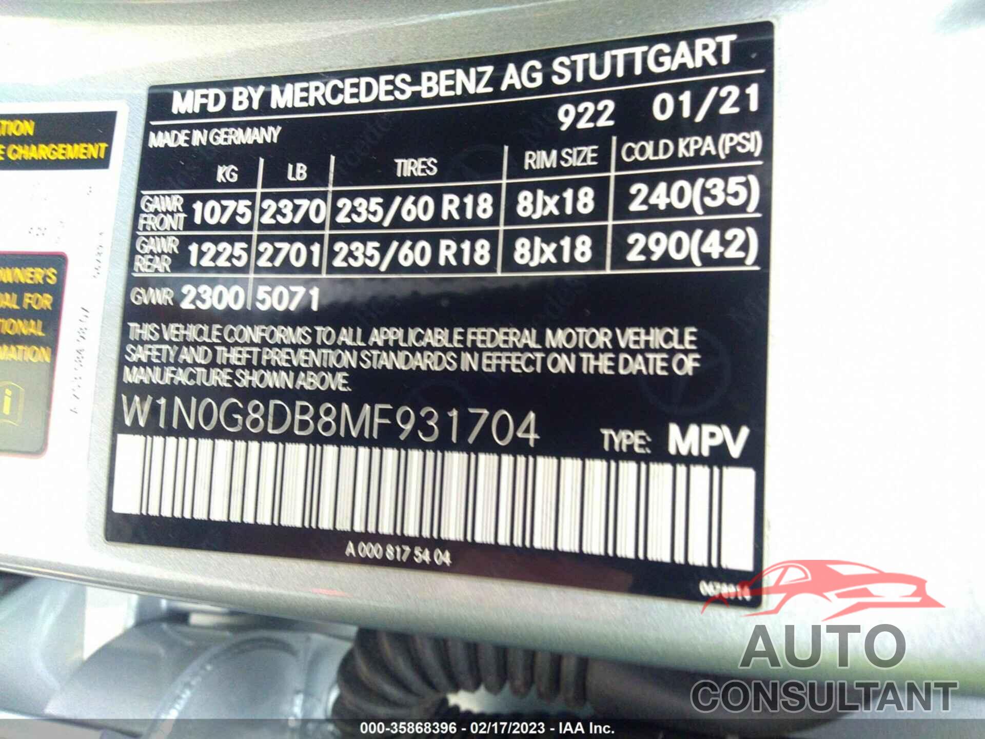 MERCEDES-BENZ GLC 2021 - W1N0G8DB8MF931704