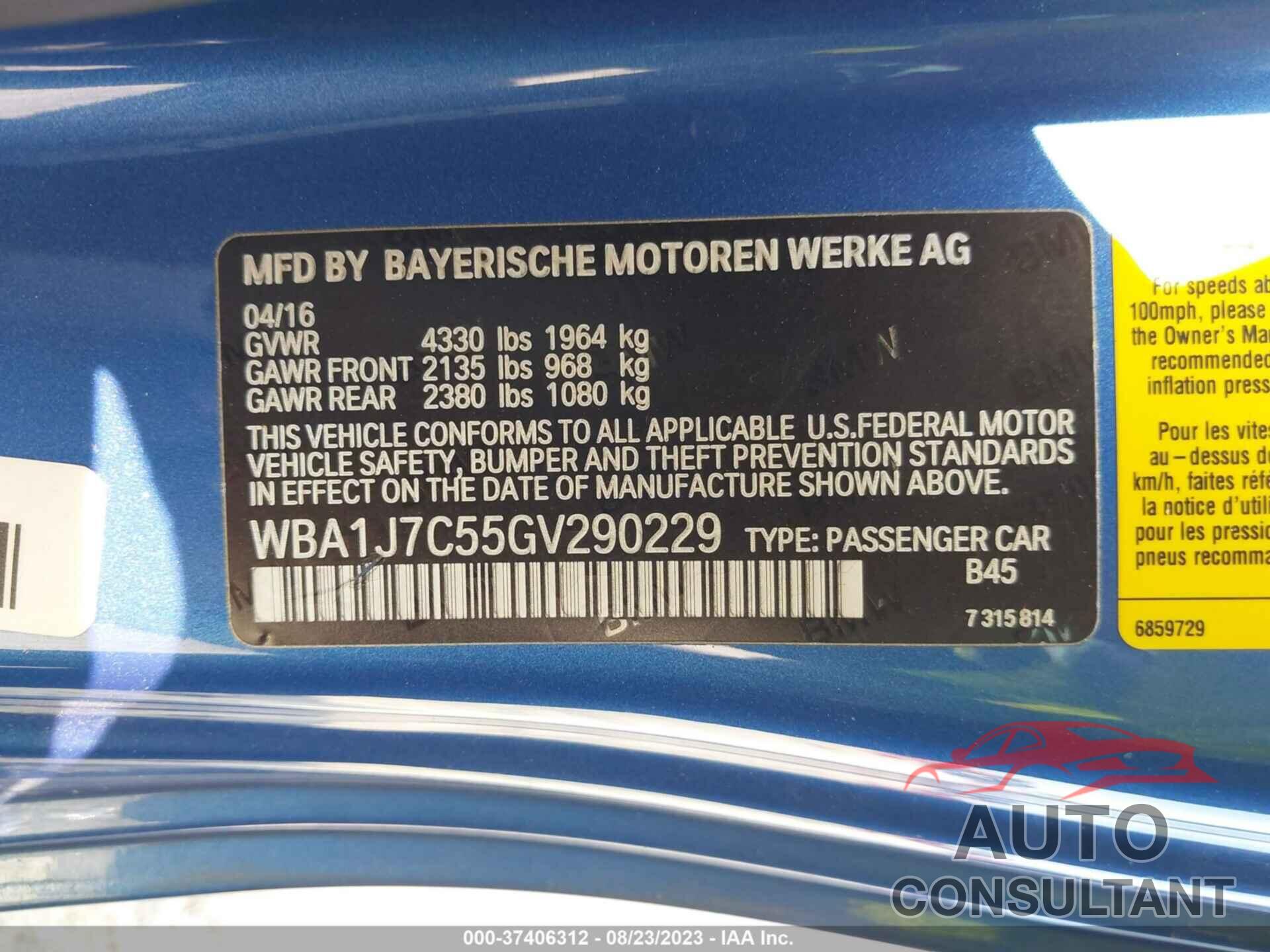 BMW 2 SERIES 2016 - WBA1J7C55GV290229