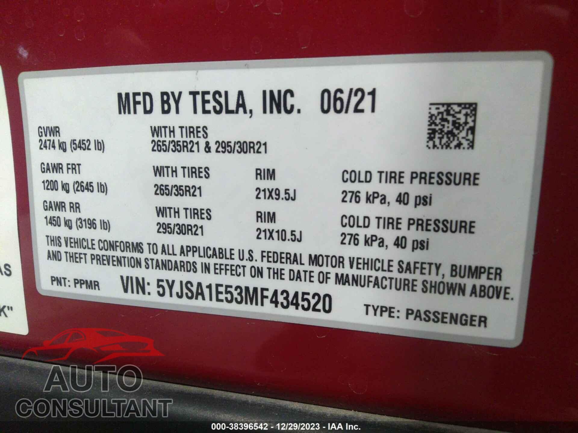 TESLA MODEL S 2021 - 5YJSA1E53MF434520