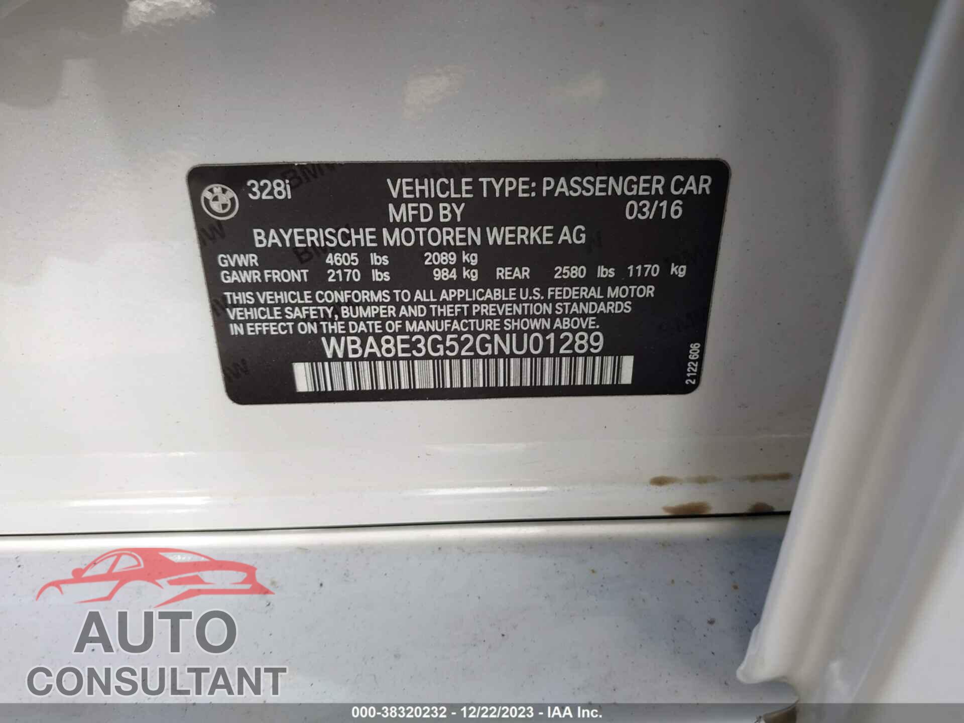 BMW 328 2016 - WBA8E3G52GNU01289