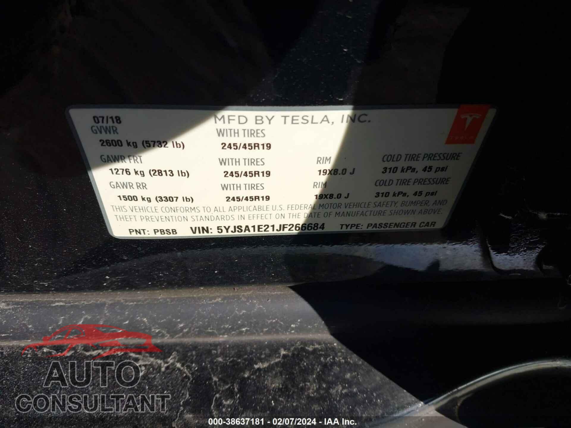 TESLA MODEL S 2018 - 5YJSA1E21JF266684