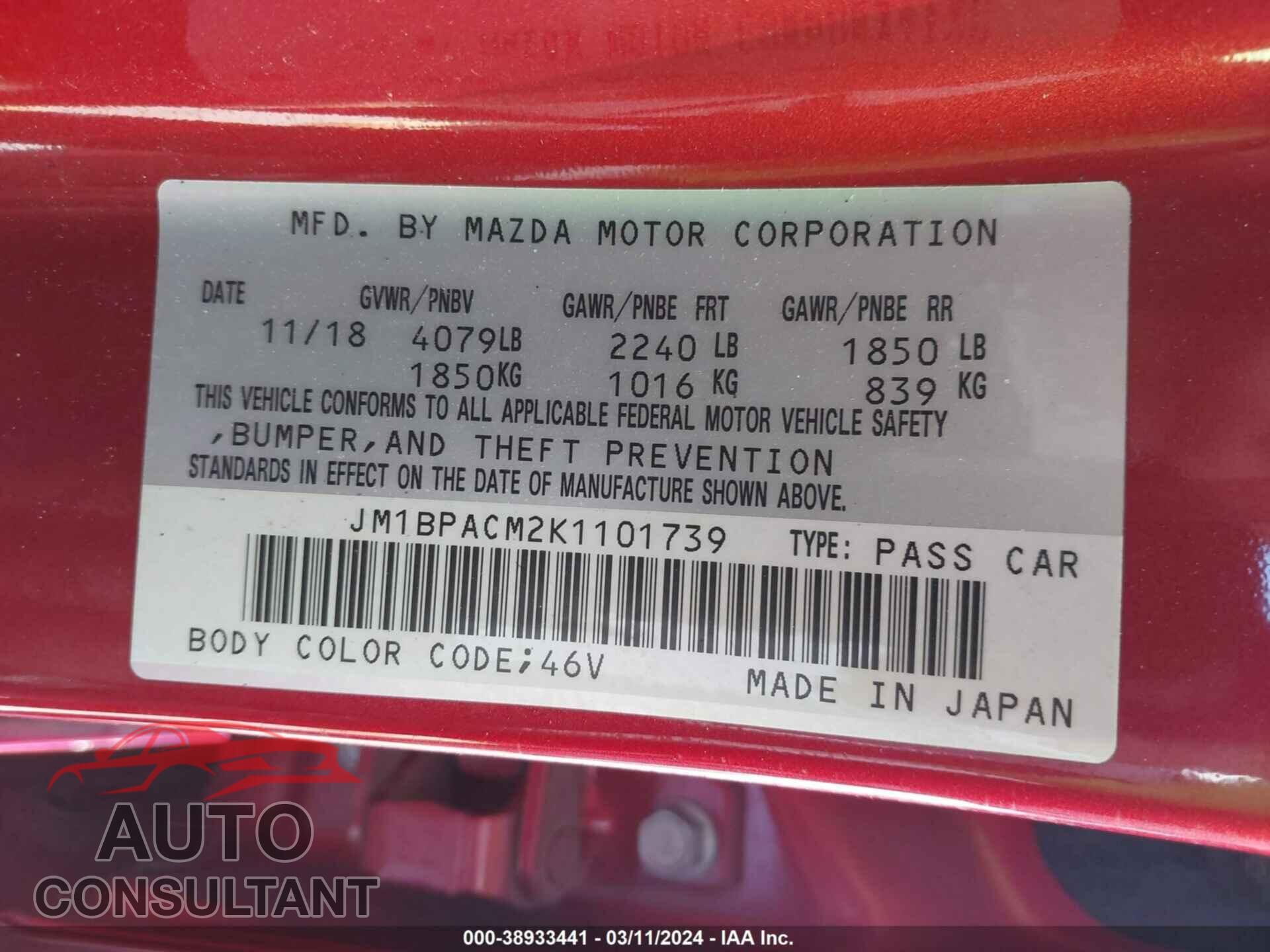 MAZDA MAZDA3 2019 - JM1BPACM2K1101739