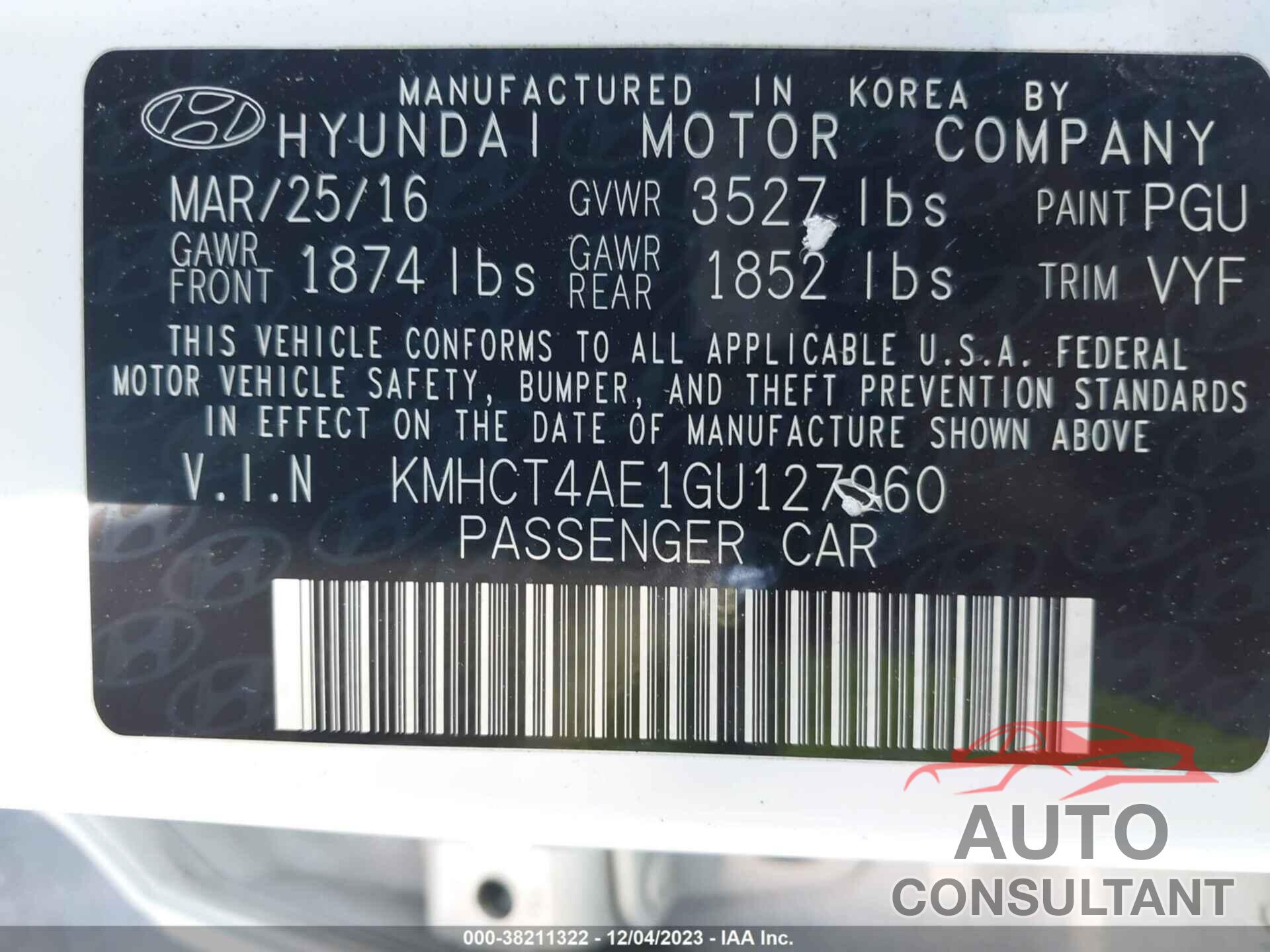 HYUNDAI ACCENT 2016 - KMHCT4AE1GU127960