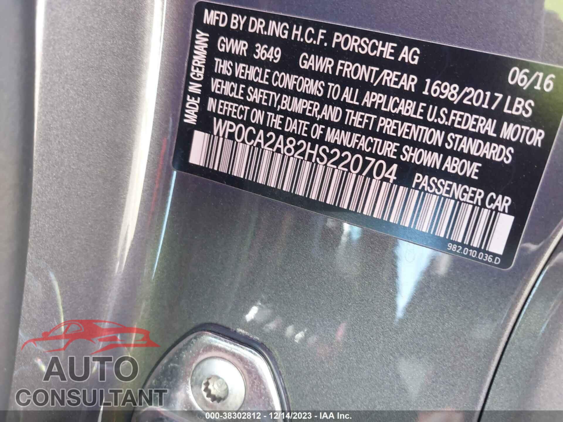 PORSCHE BOXSTER 2017 - WP0CA2A82HS220704