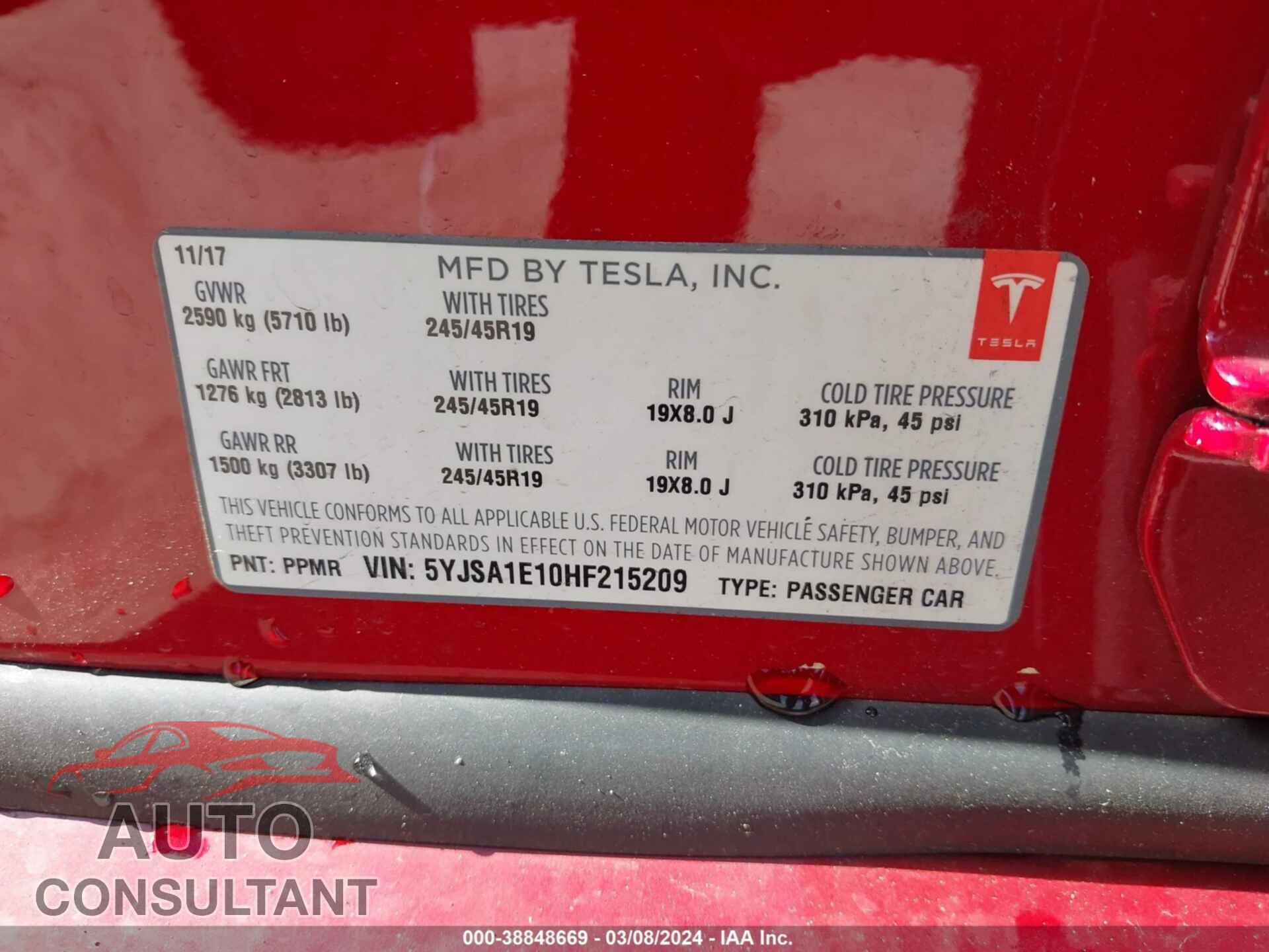 TESLA MODEL S 2017 - 5YJSA1E10HF215209