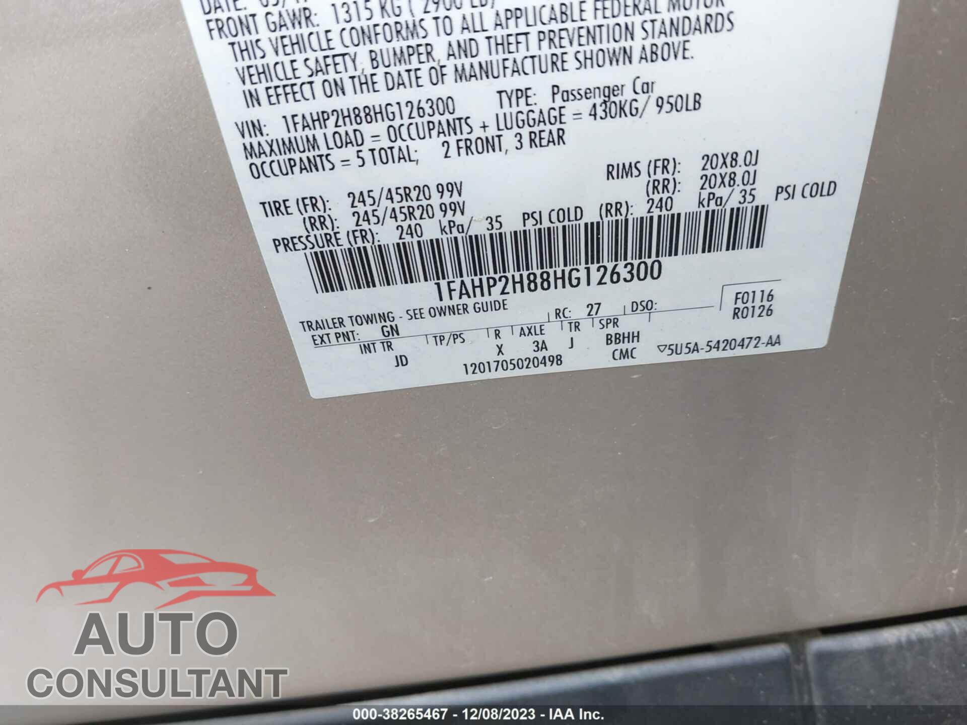 FORD TAURUS 2017 - 1FAHP2H88HG126300