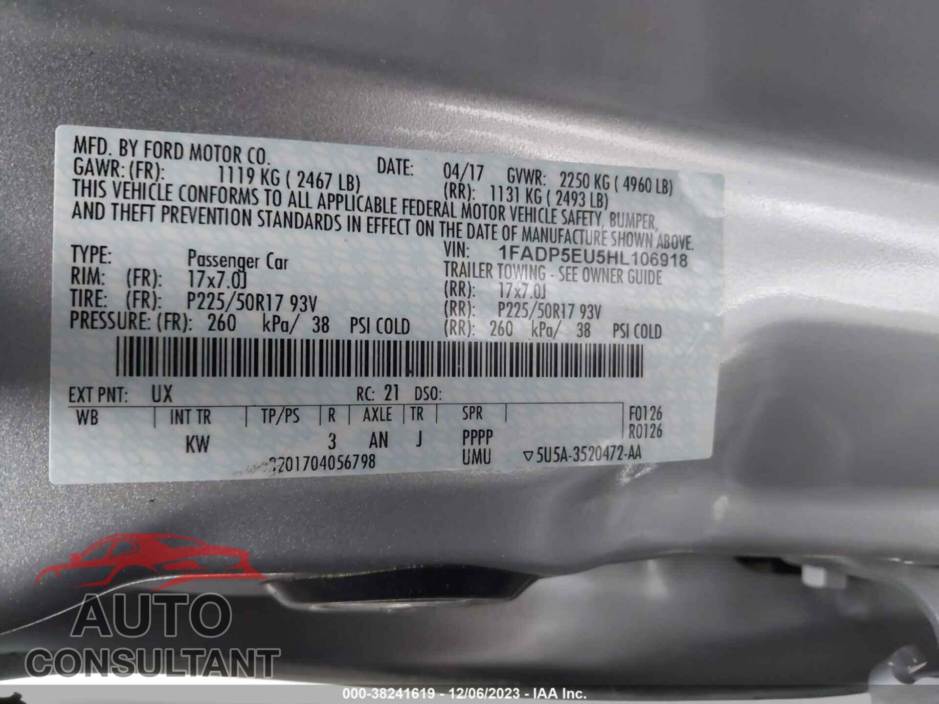 FORD C-MAX ENERGI 2017 - 1FADP5EU5HL106918