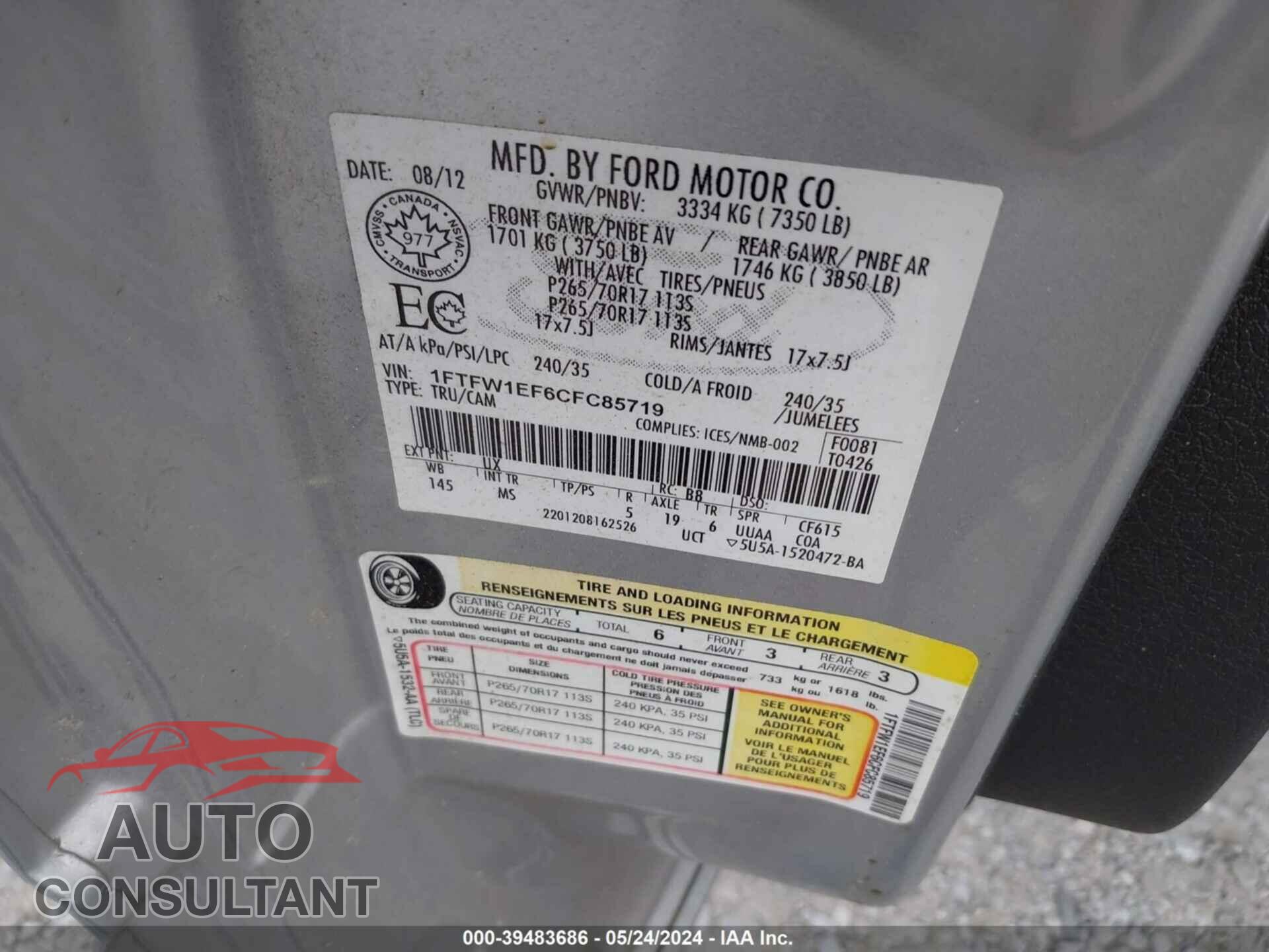 FORD F-150 2012 - 1FTFW1EF6CFC85719