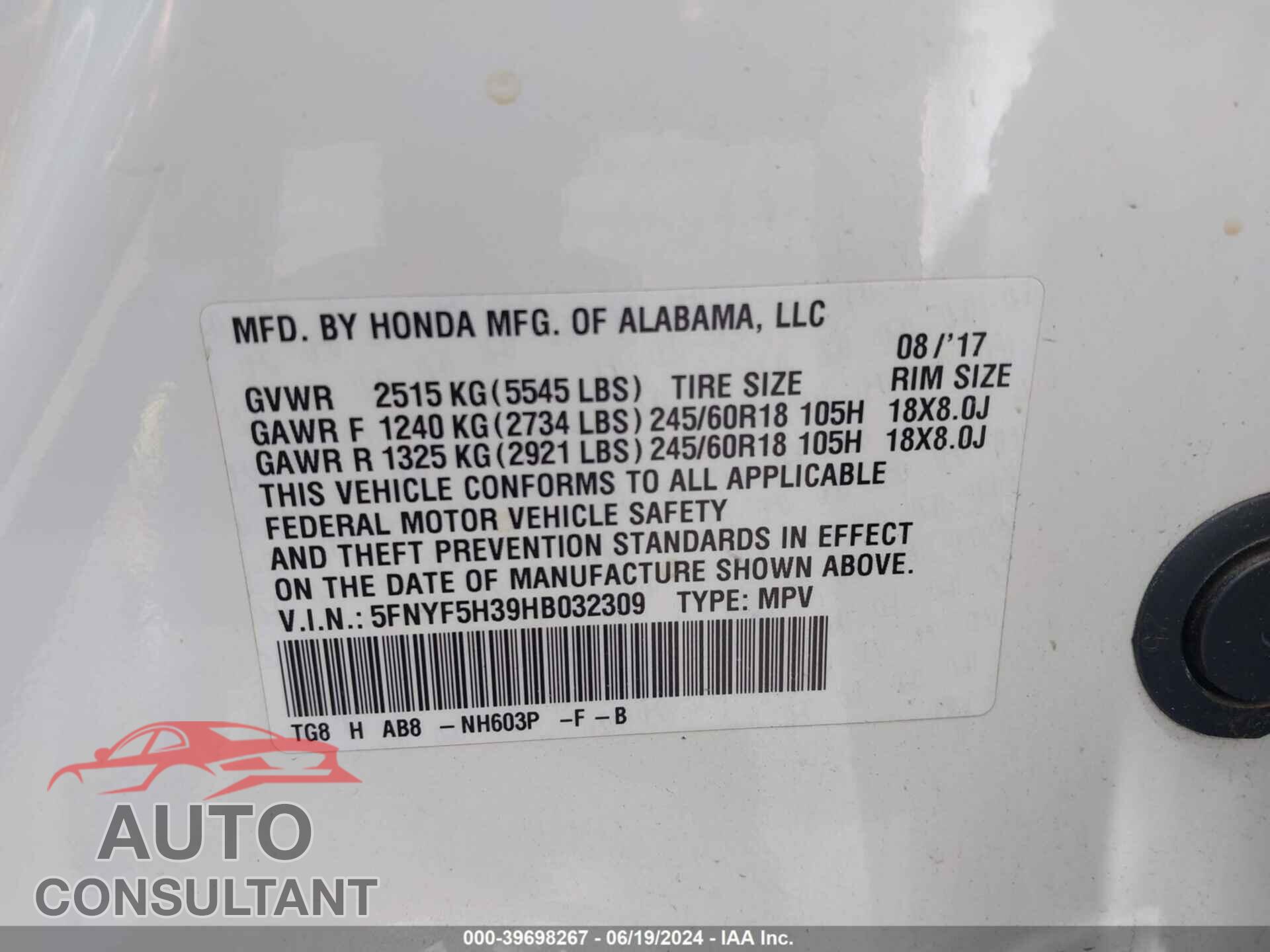HONDA PILOT 2017 - 5FNYF5H39HB032309