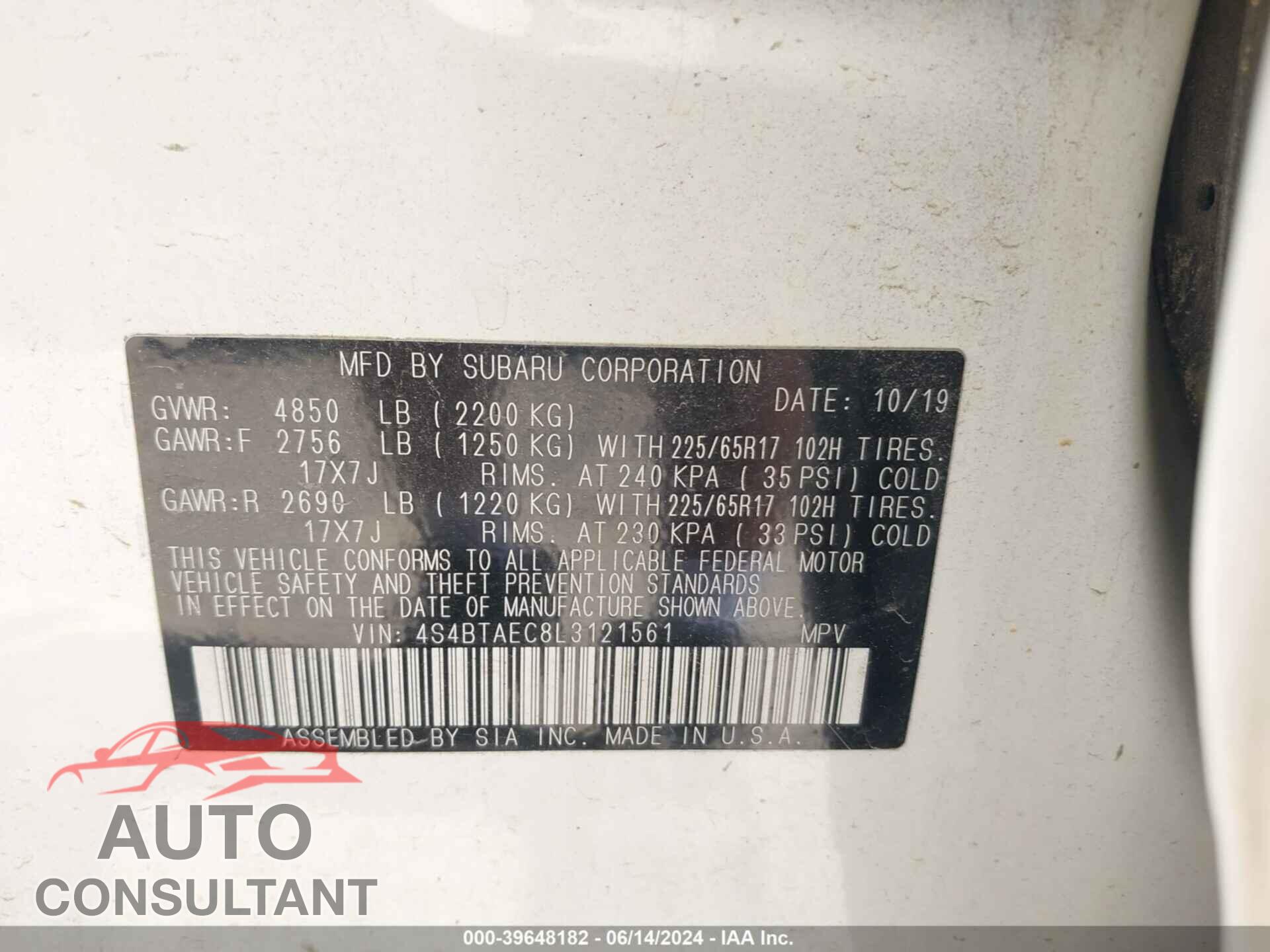 SUBARU OUTBACK 2020 - 4S4BTAEC8L3121561