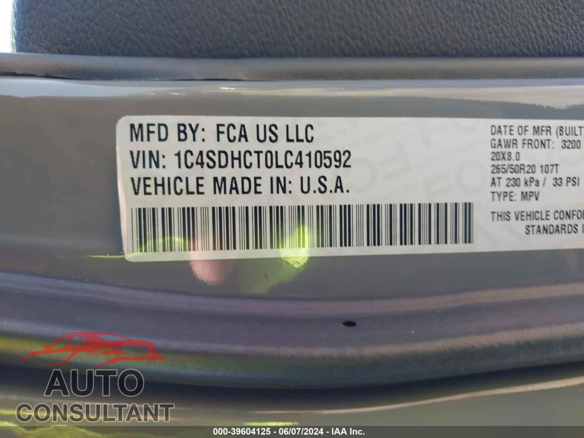 DODGE DURANGO 2020 - 1C4SDHCT0LC410592