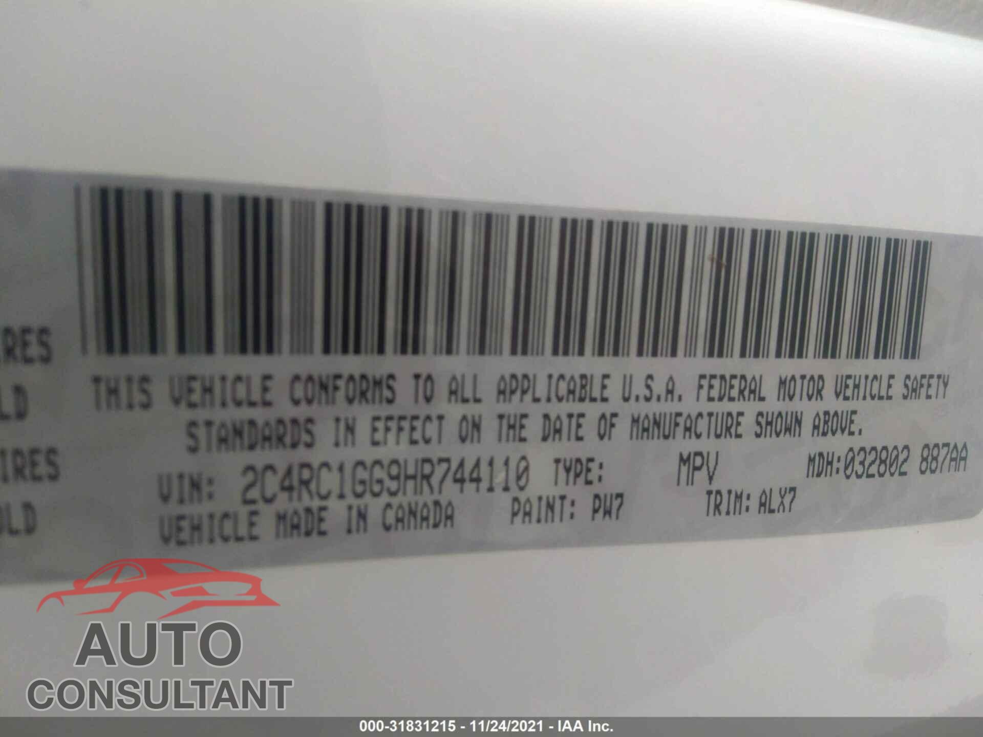 CHRYSLER PACIFICA 2017 - 2C4RC1GG9HR744110