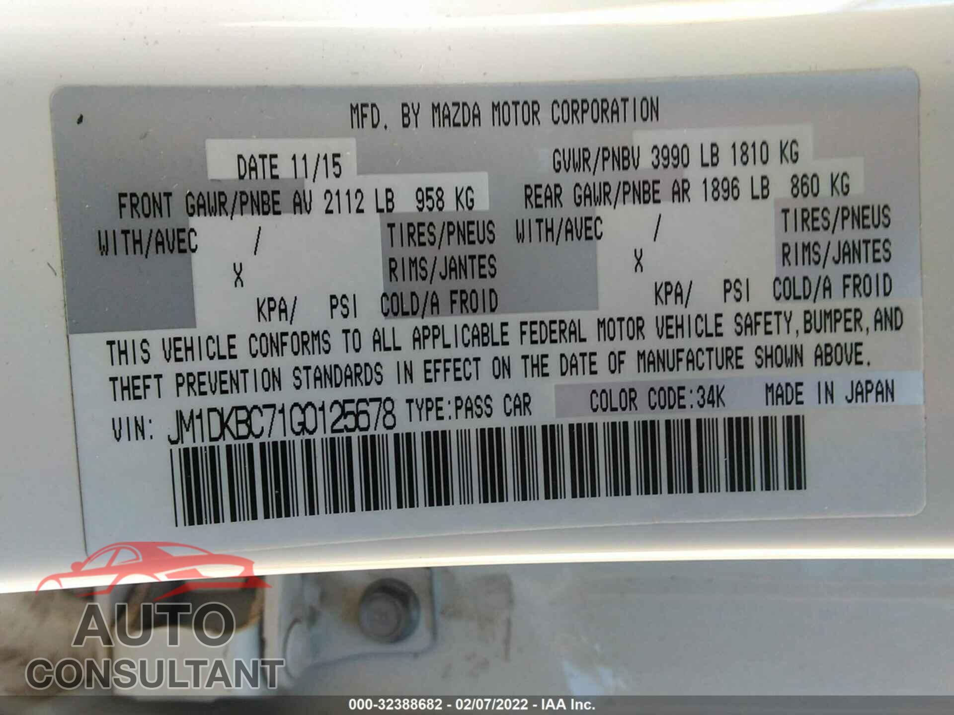 MAZDA CX-3 2016 - JM1DKBC71G0125678