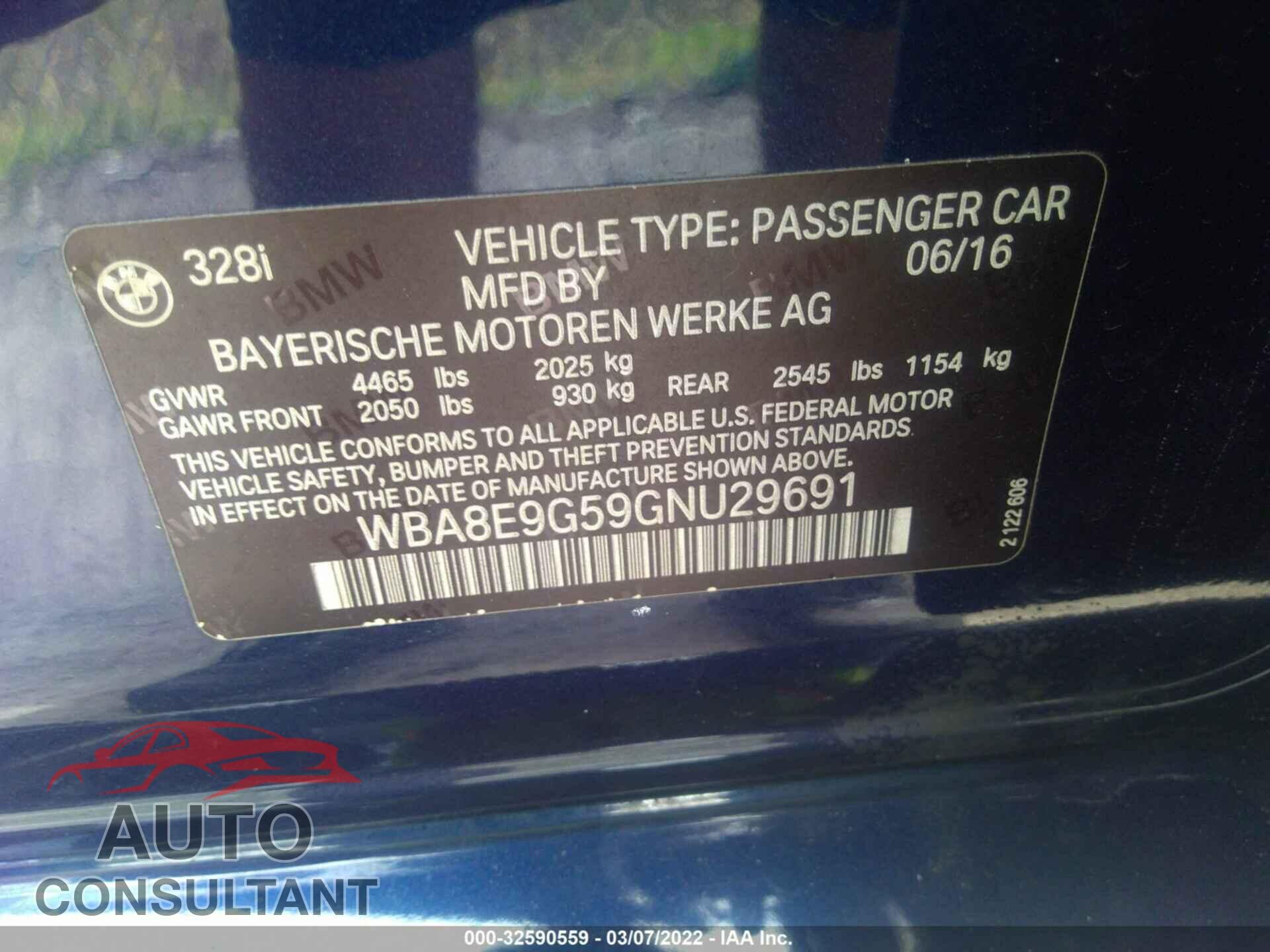 BMW 3 SERIES 2016 - WBA8E9G59GNU29691