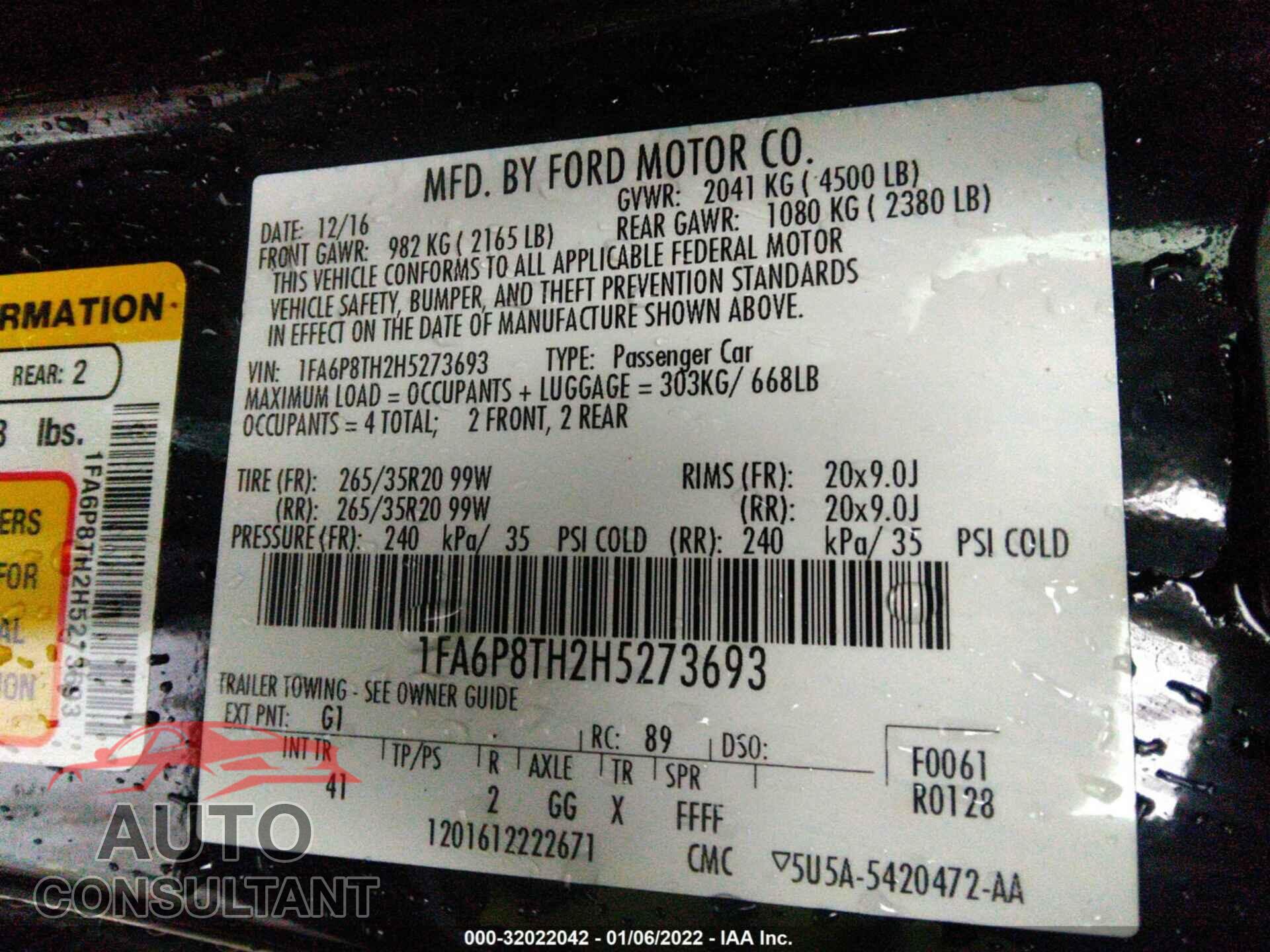 FORD MUSTANG 2017 - 1FA6P8TH2H5273693