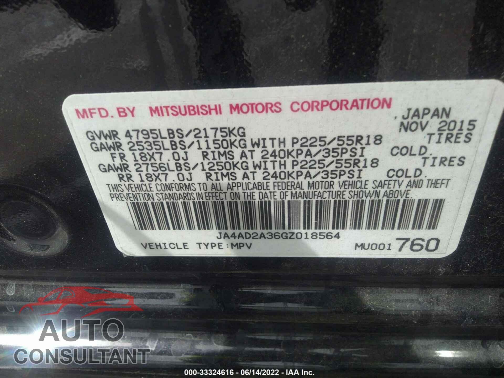 MITSUBISHI OUTLANDER 2016 - JA4AD2A36GZ018564