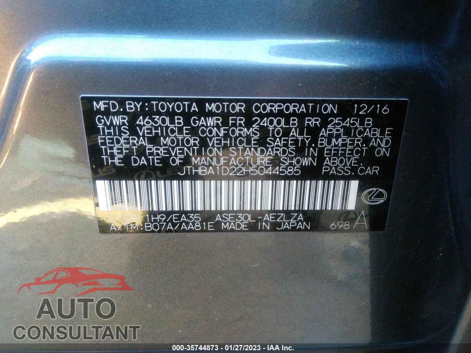 LEXUS IS 2017 - JTHBA1D22H5044585