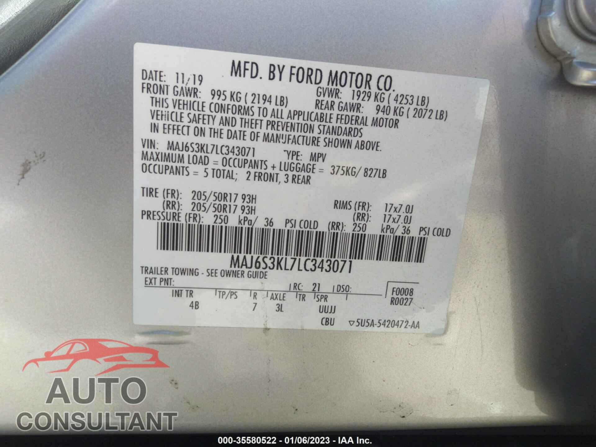 FORD ECOSPORT 2020 - MAJ6S3KL7LC343071