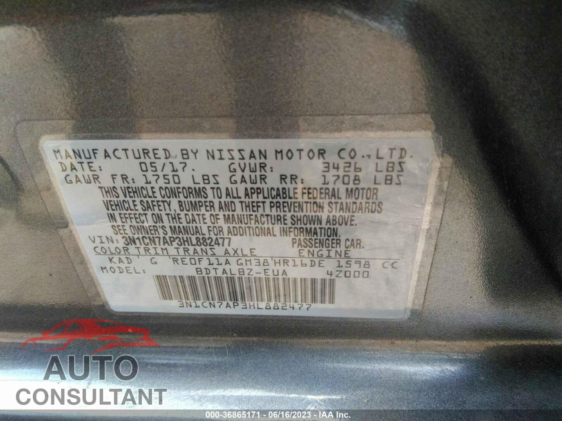NISSAN VERSA 2017 - 3N1CN7AP3HL882477