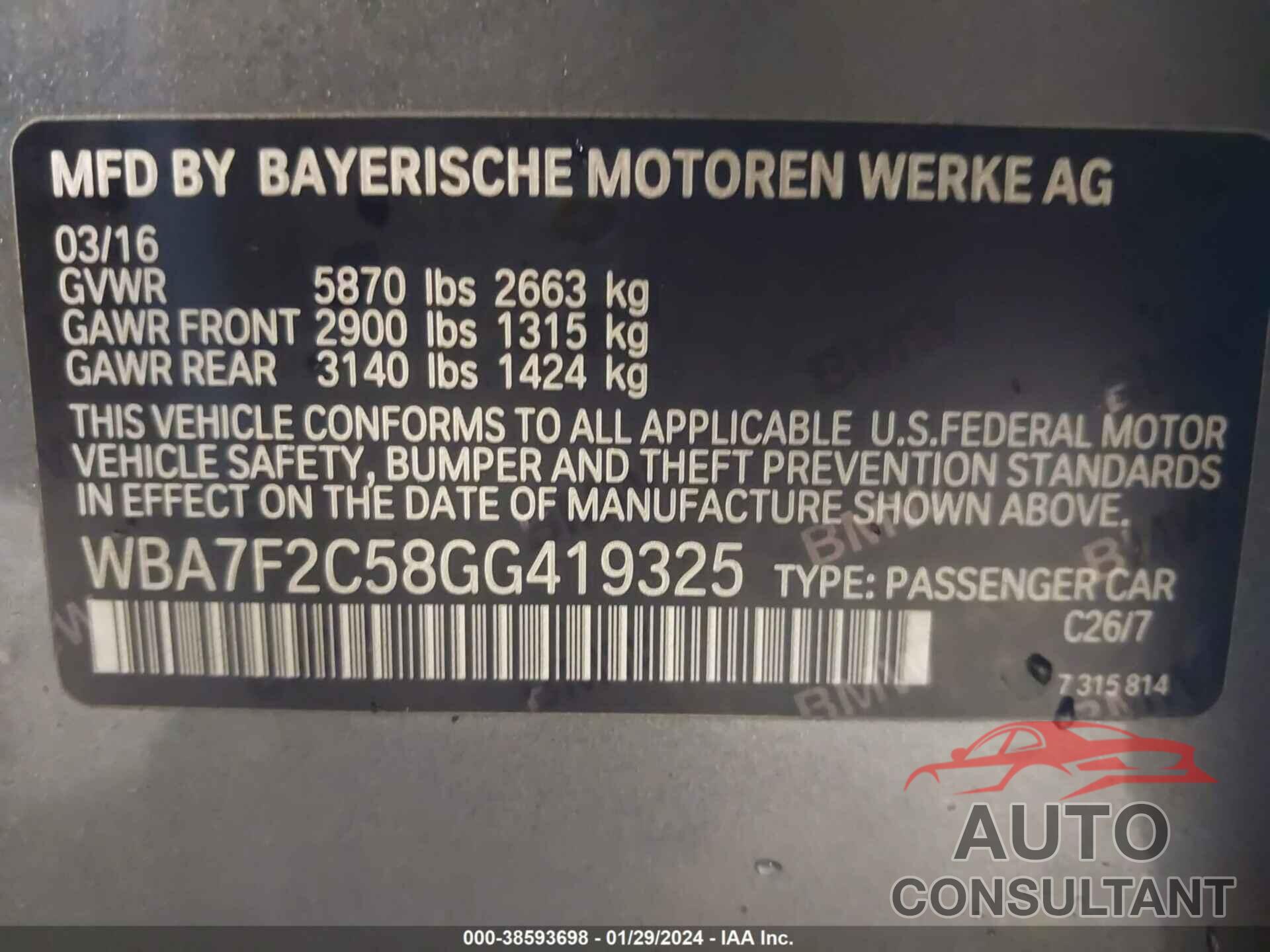 BMW 750I 2016 - WBA7F2C58GG419325
