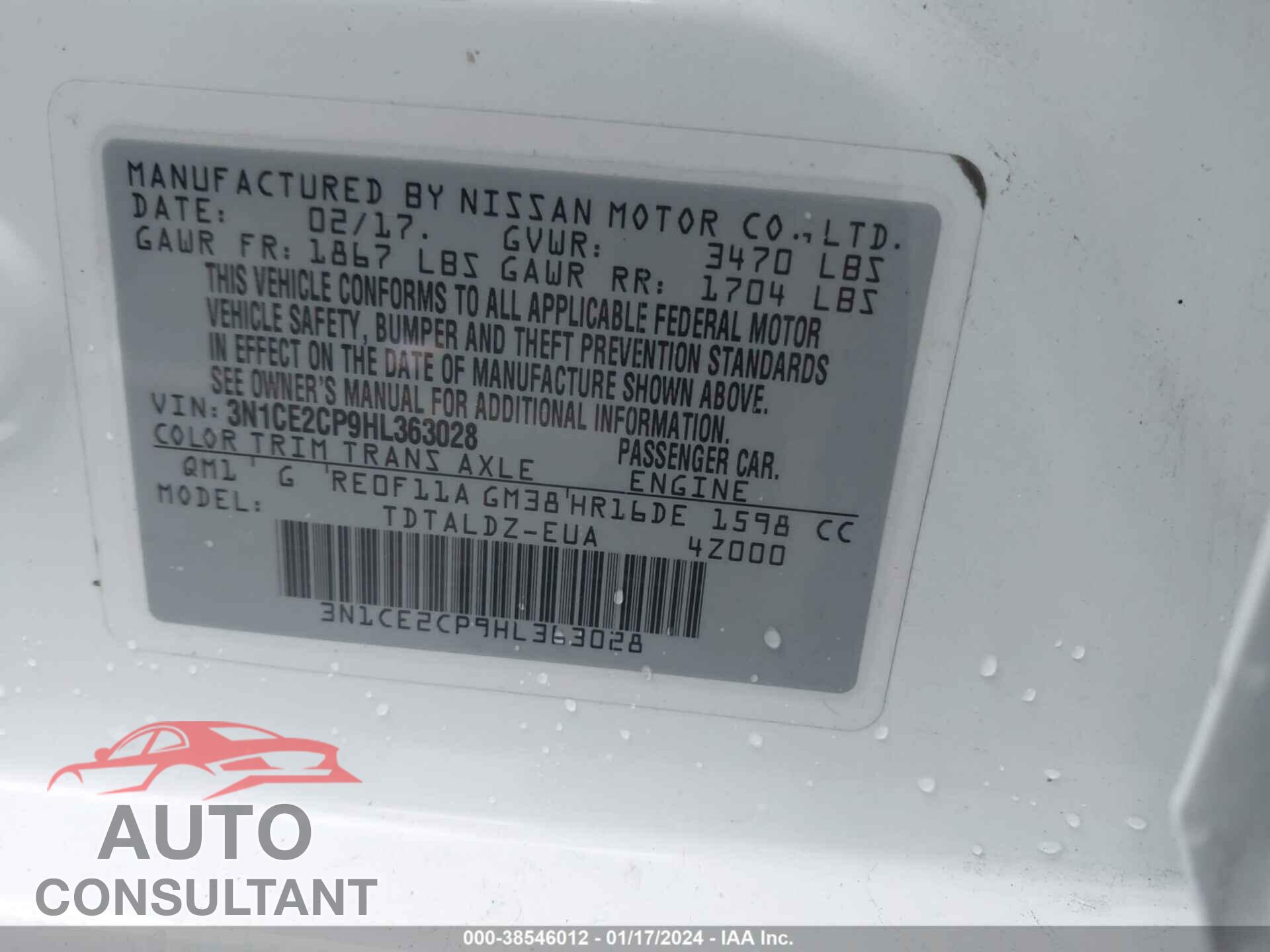 NISSAN VERSA NOTE 2017 - 3N1CE2CP9HL363028