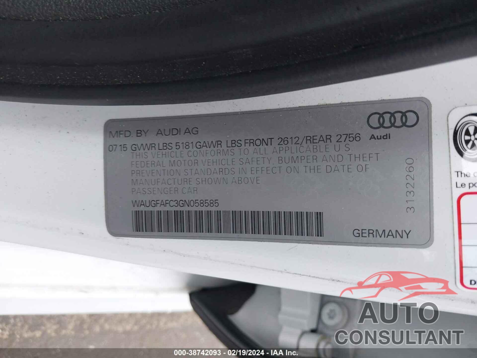 AUDI A6 2016 - WAUGFAFC3GN058585