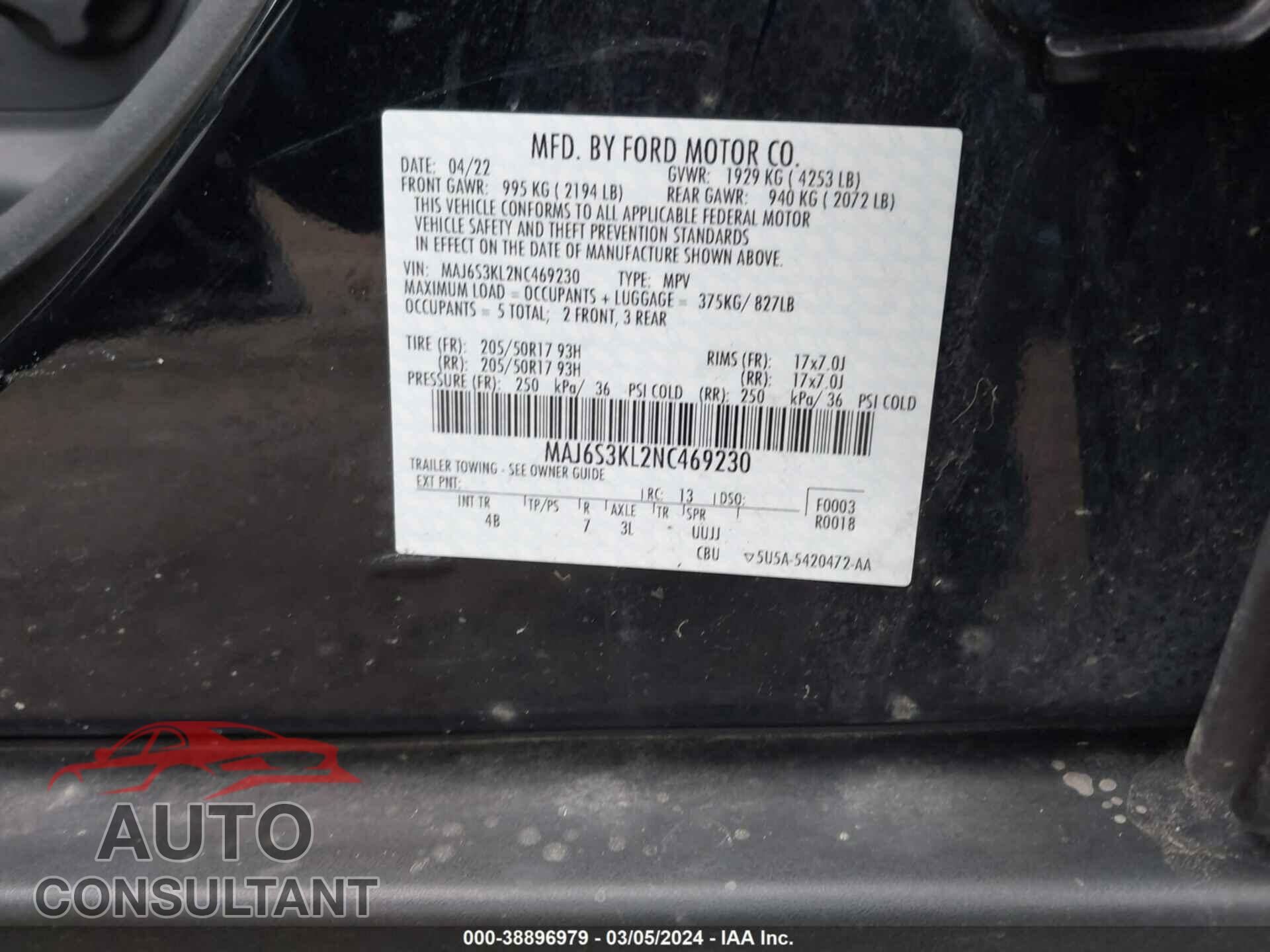FORD ECOSPORT 2022 - MAJ6S3KL2NC469230