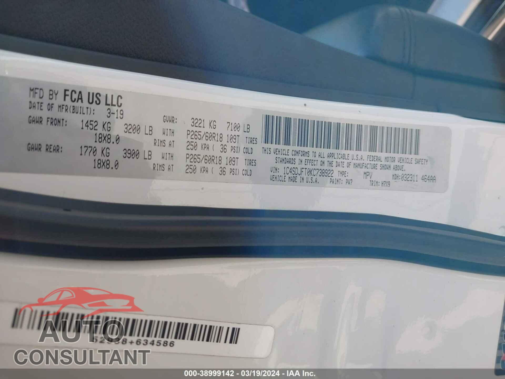 DODGE DURANGO 2019 - 1C4SDJFT0KC738922