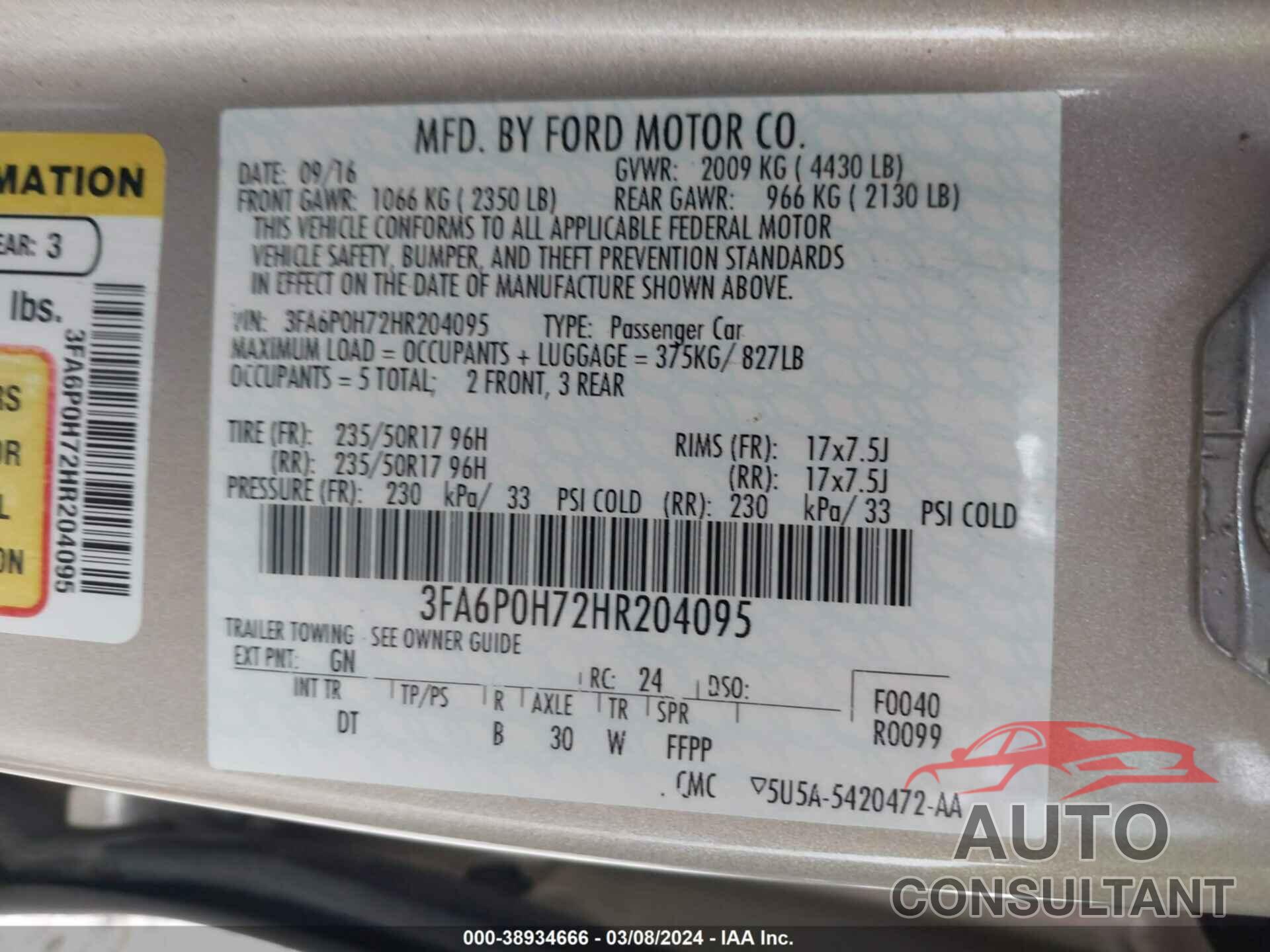 FORD FUSION 2017 - 3FA6P0H72HR204095