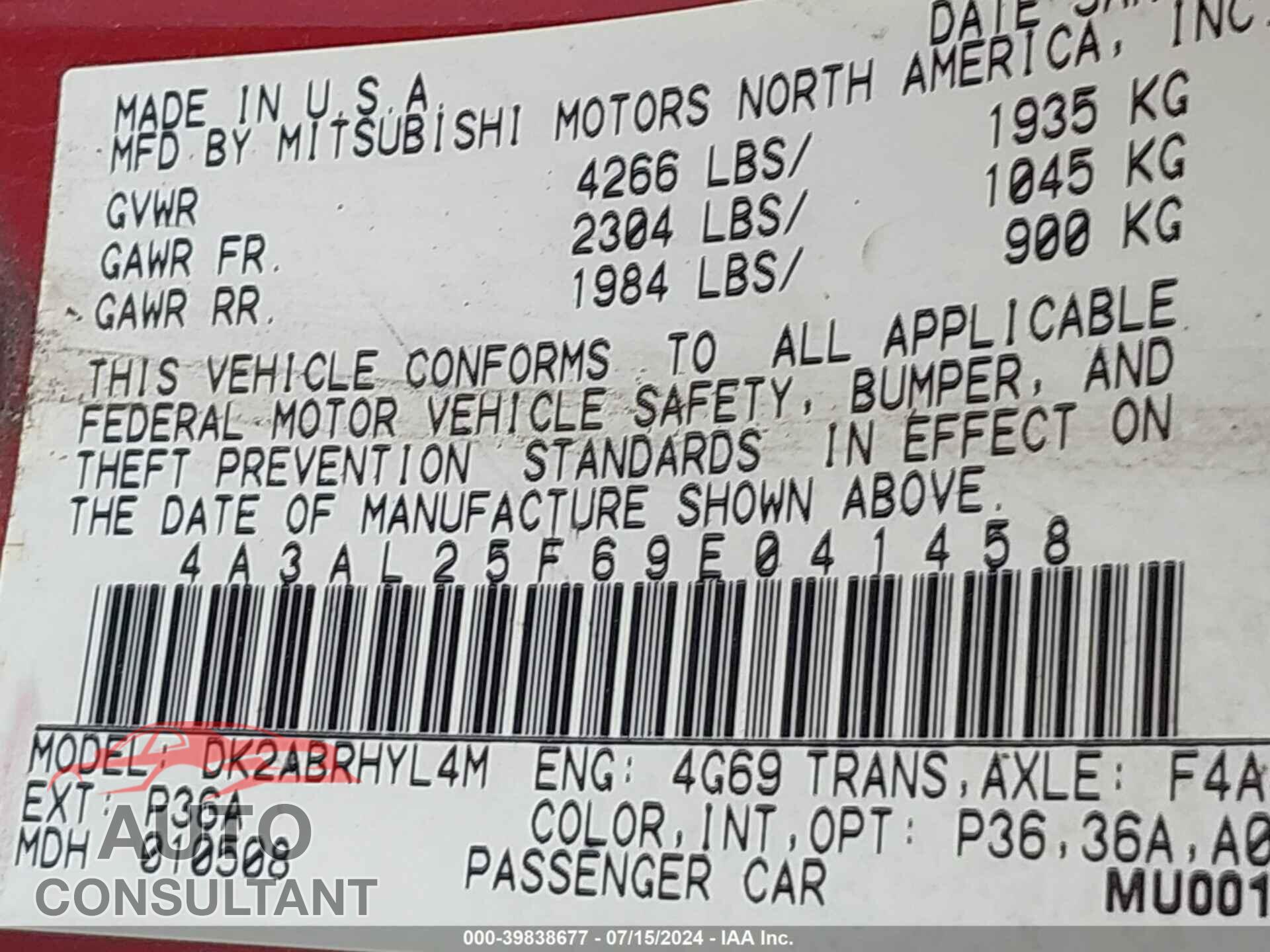 MITSUBISHI ECLIPSE SPYDER 2009 - 4A3AL25F69E041458
