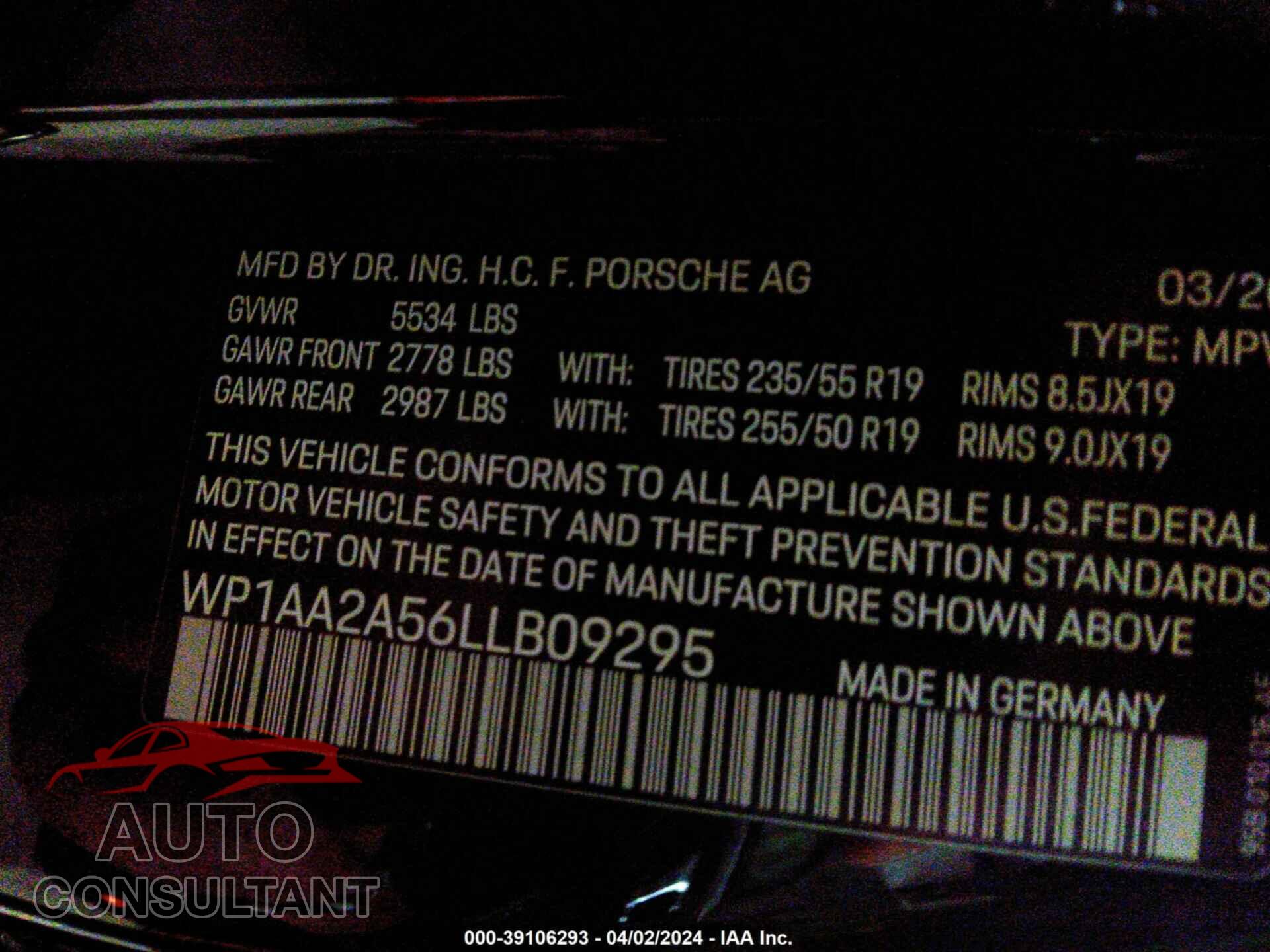 PORSCHE MACAN 2020 - WP1AA2A56LLB09295