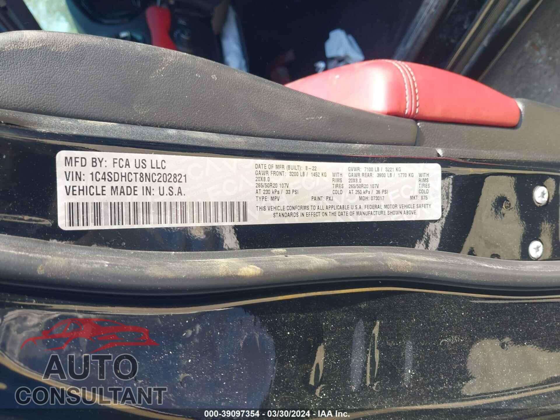 DODGE DURANGO 2022 - 1C4SDHCT8NC202821