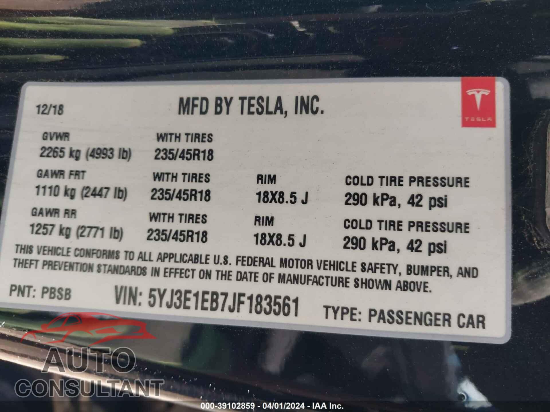 TESLA MODEL 3 2018 - 5YJ3E1EB7JF183561