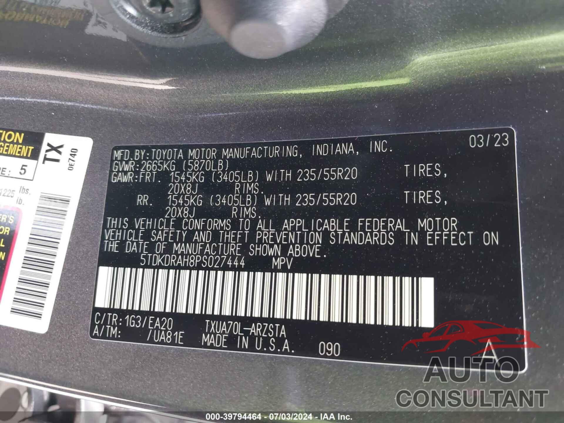 TOYOTA HIGHLANDER 2023 - 5TDKDRAH8PS027444