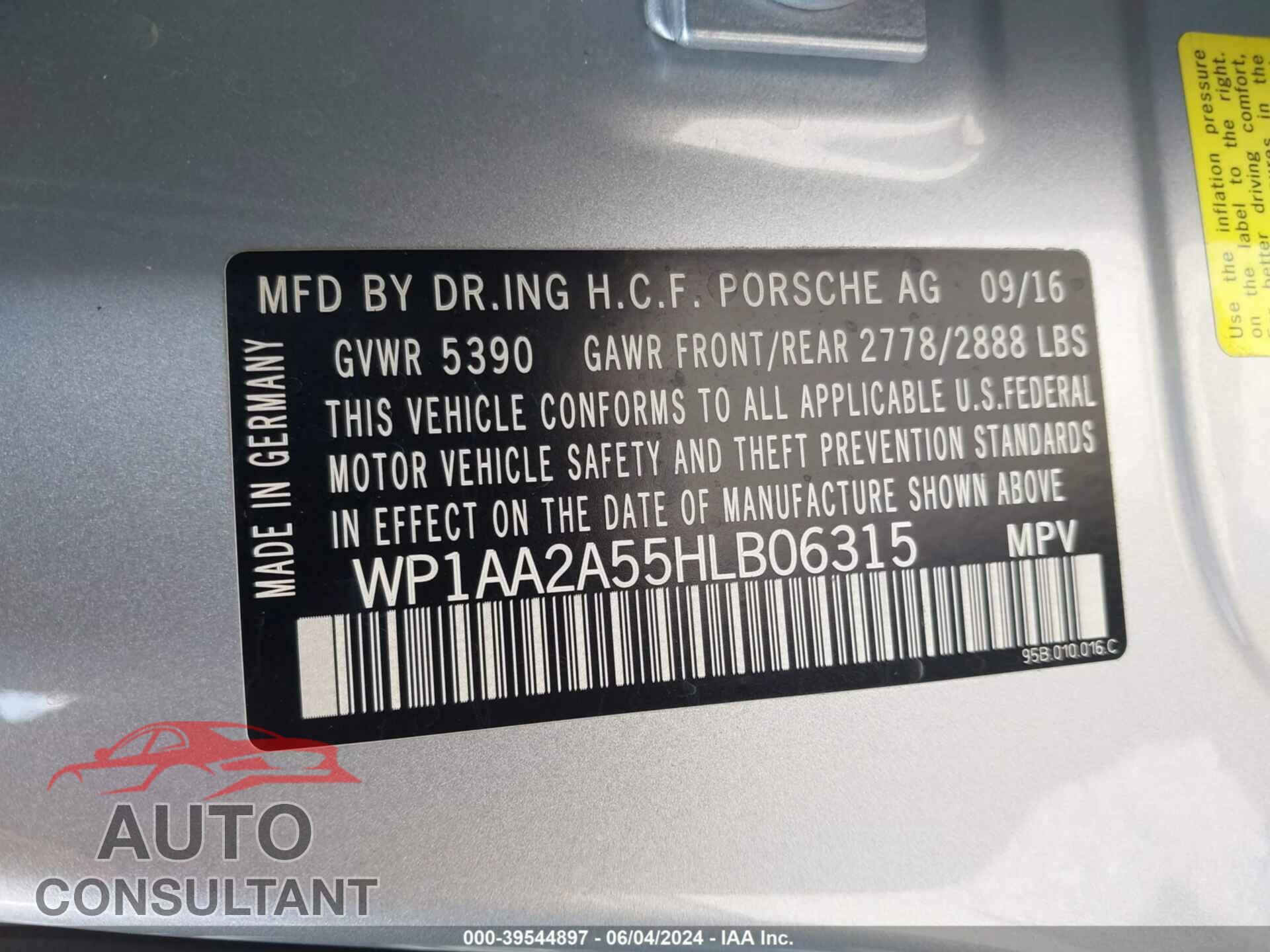 PORSCHE MACAN 2017 - WP1AA2A55HLB06315