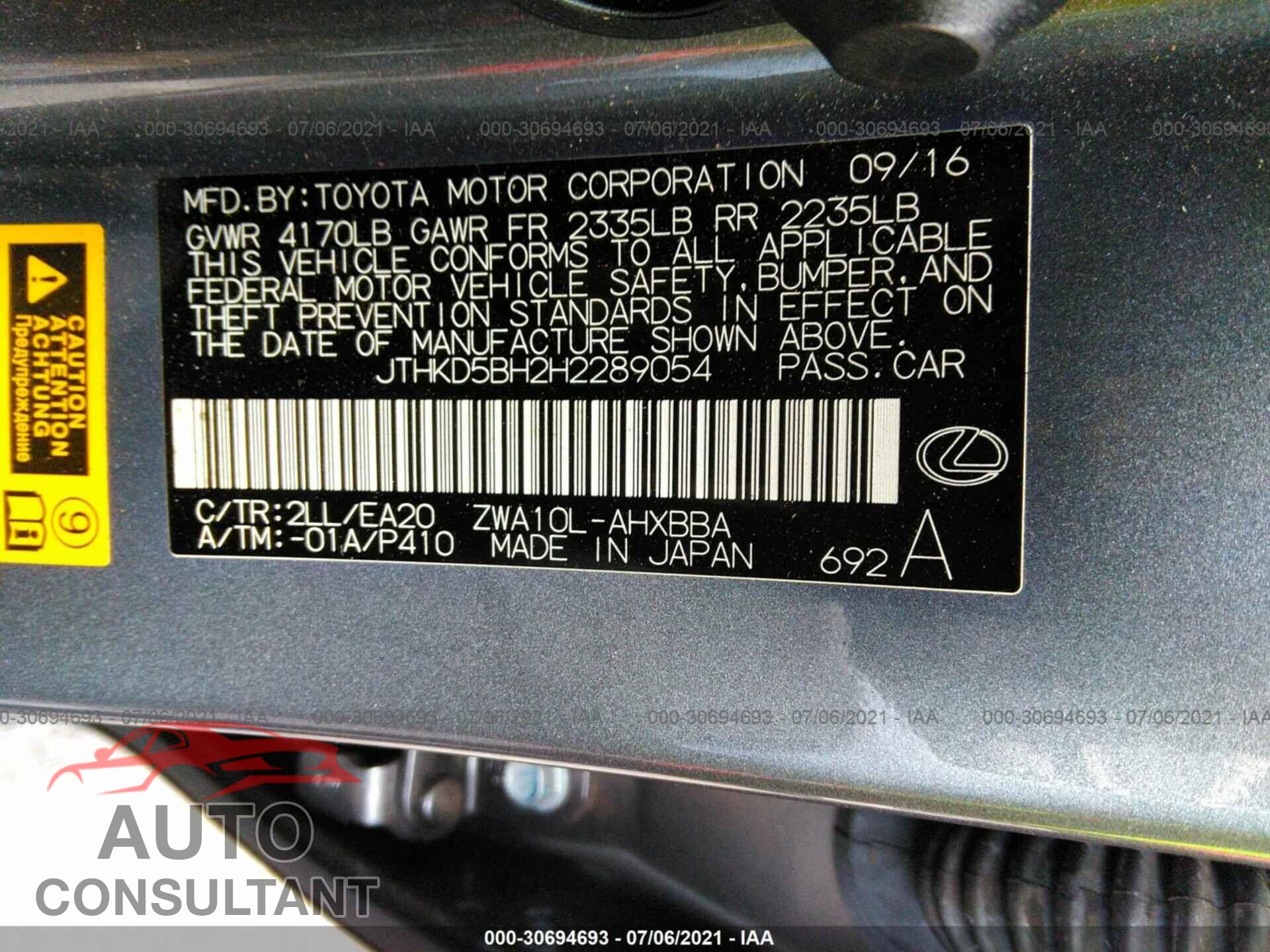 LEXUS CT 2017 - JTHKD5BH2H2289054