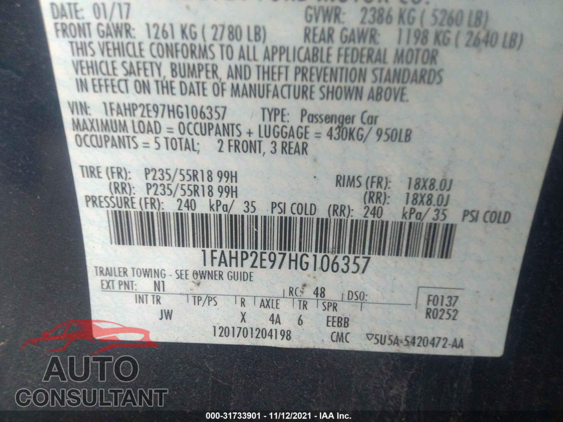 FORD TAURUS 2017 - 1FAHP2E97HG106357