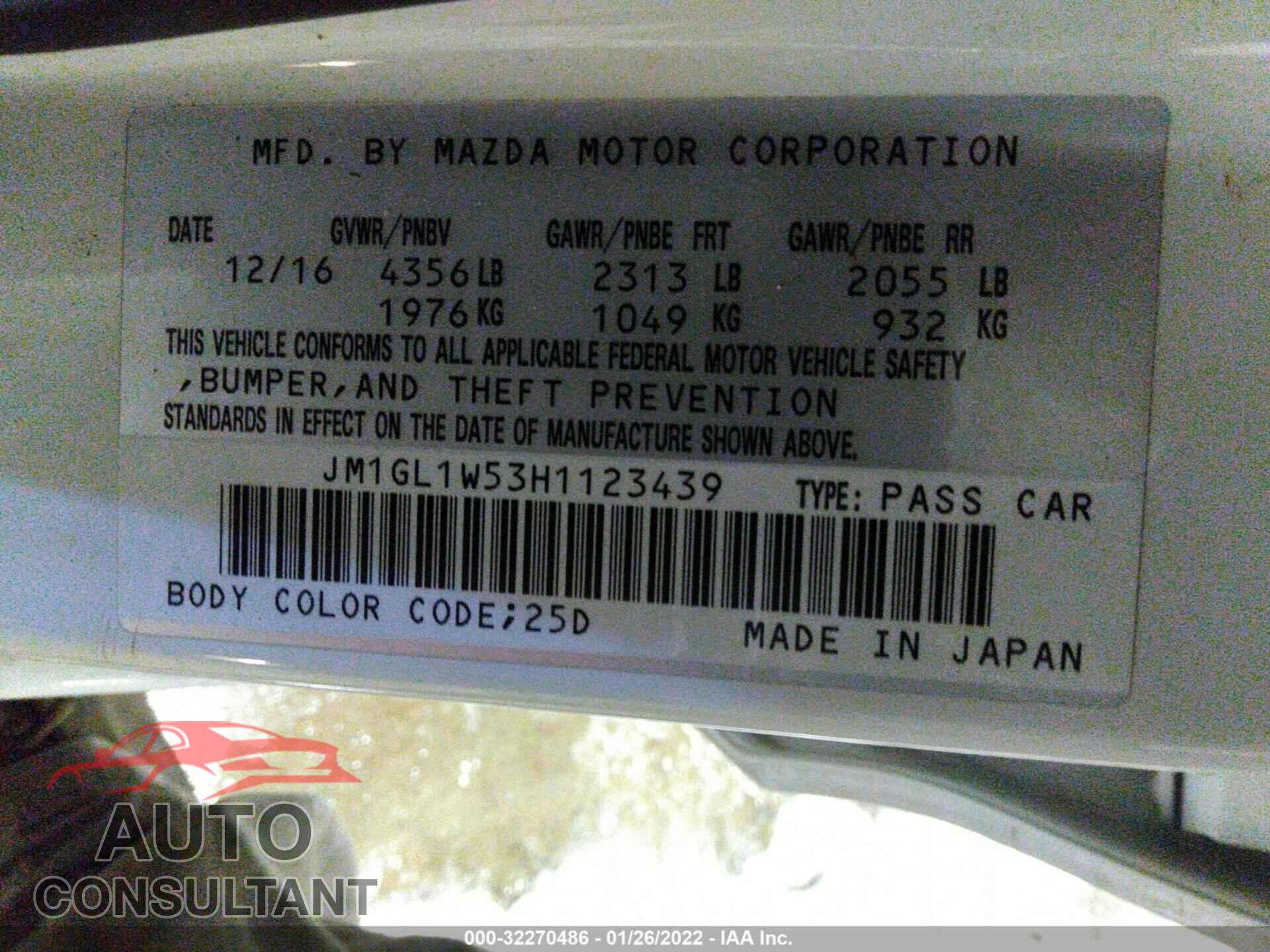 MAZDA MAZDA6 2017 - JM1GL1W53H1123439