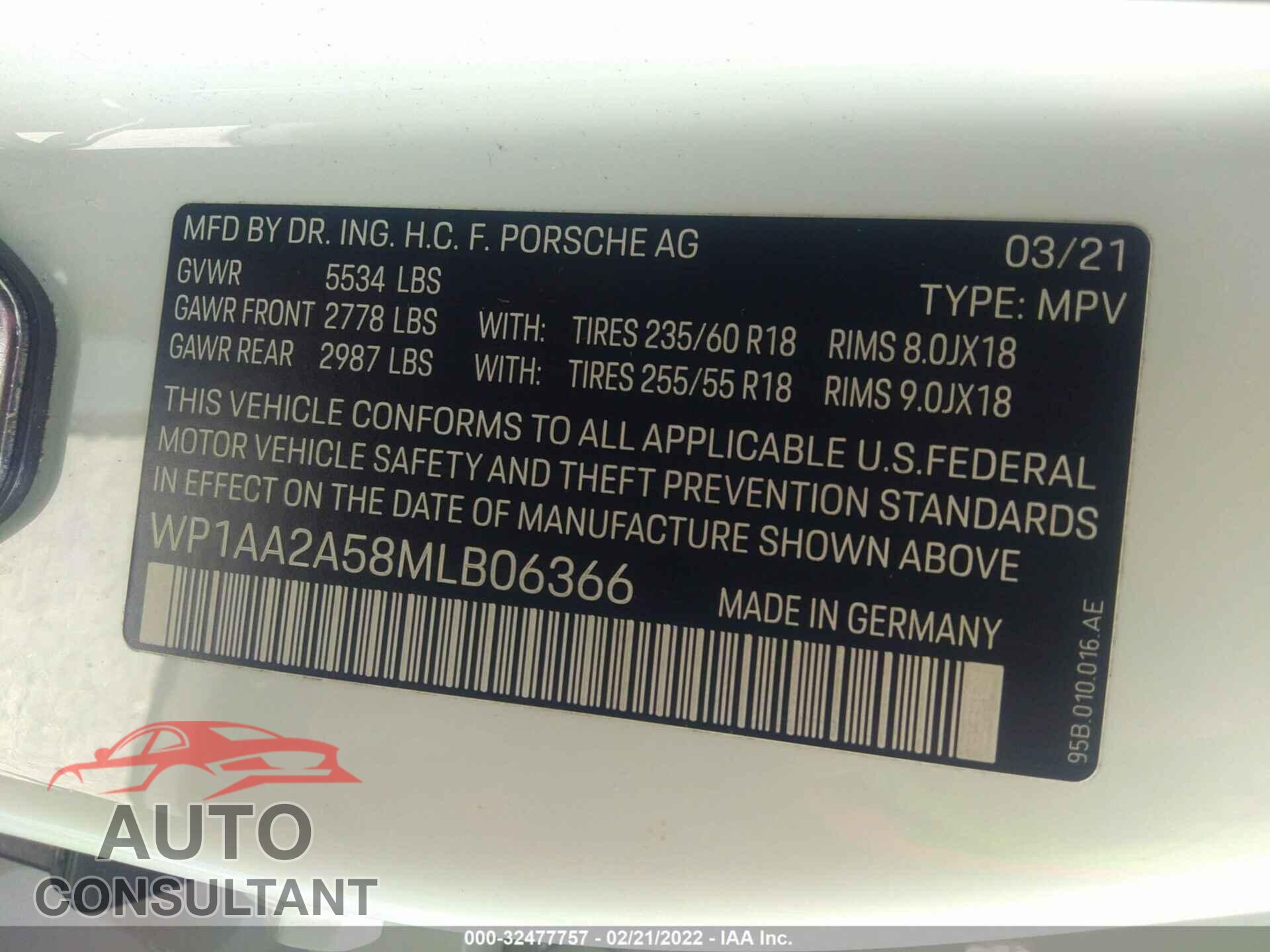 PORSCHE MACAN 2021 - WP1AA2A58MLB06366