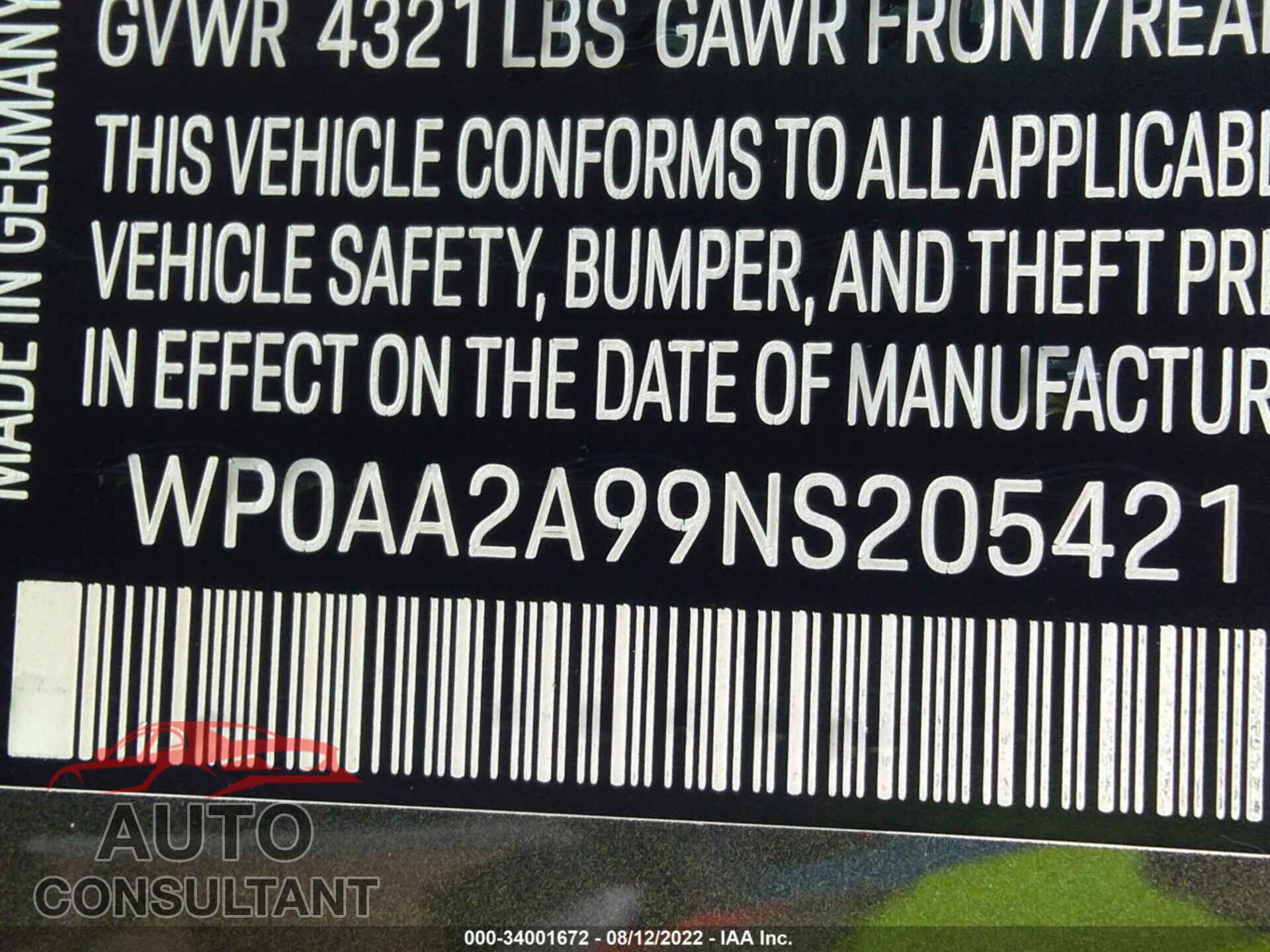PORSCHE 911 2022 - WP0AA2A99NS205421